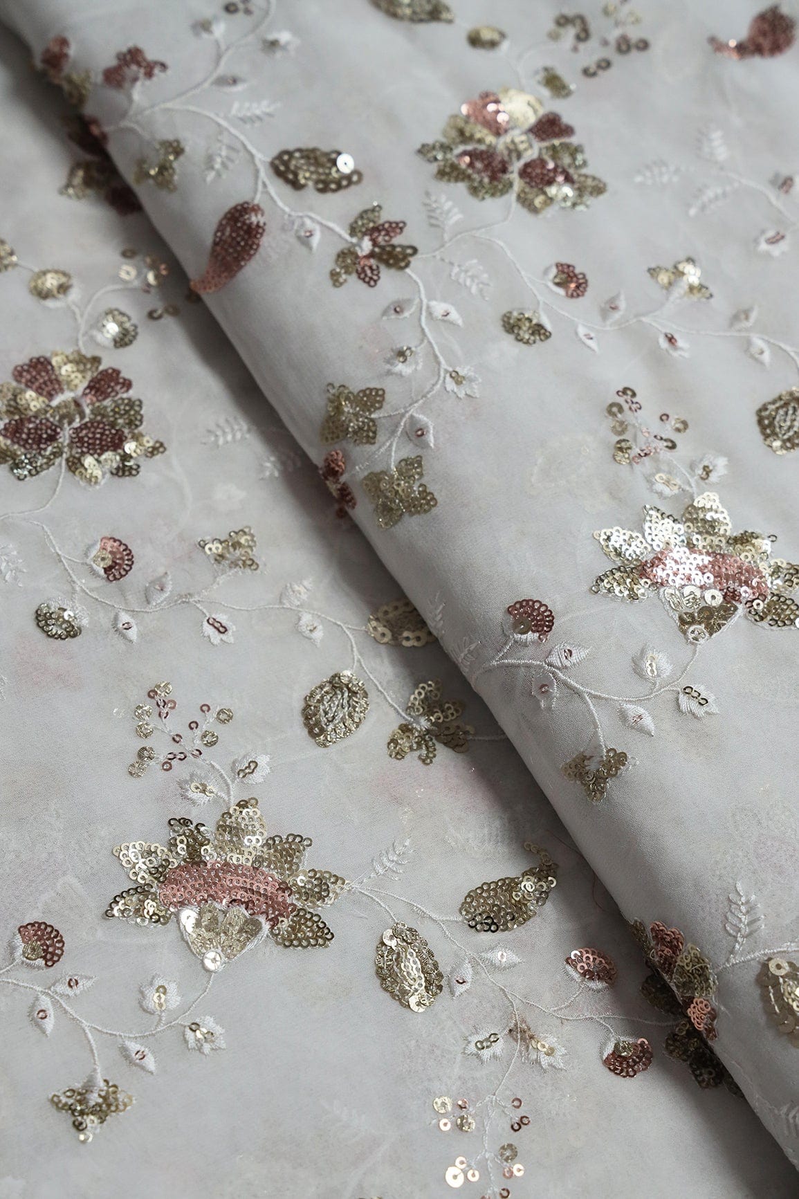 doeraa Embroidery Fabrics Gold And Copper Sequins With Thread Floral Embroidery On White Dyeable Viscose Georgette Fabric
