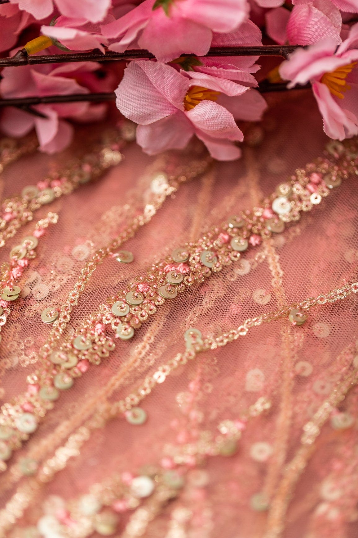 doeraa Embroidery Fabrics Gold And Silver Sequins With Baby Pink Thread Embroidery on Baby Pink Soft Net