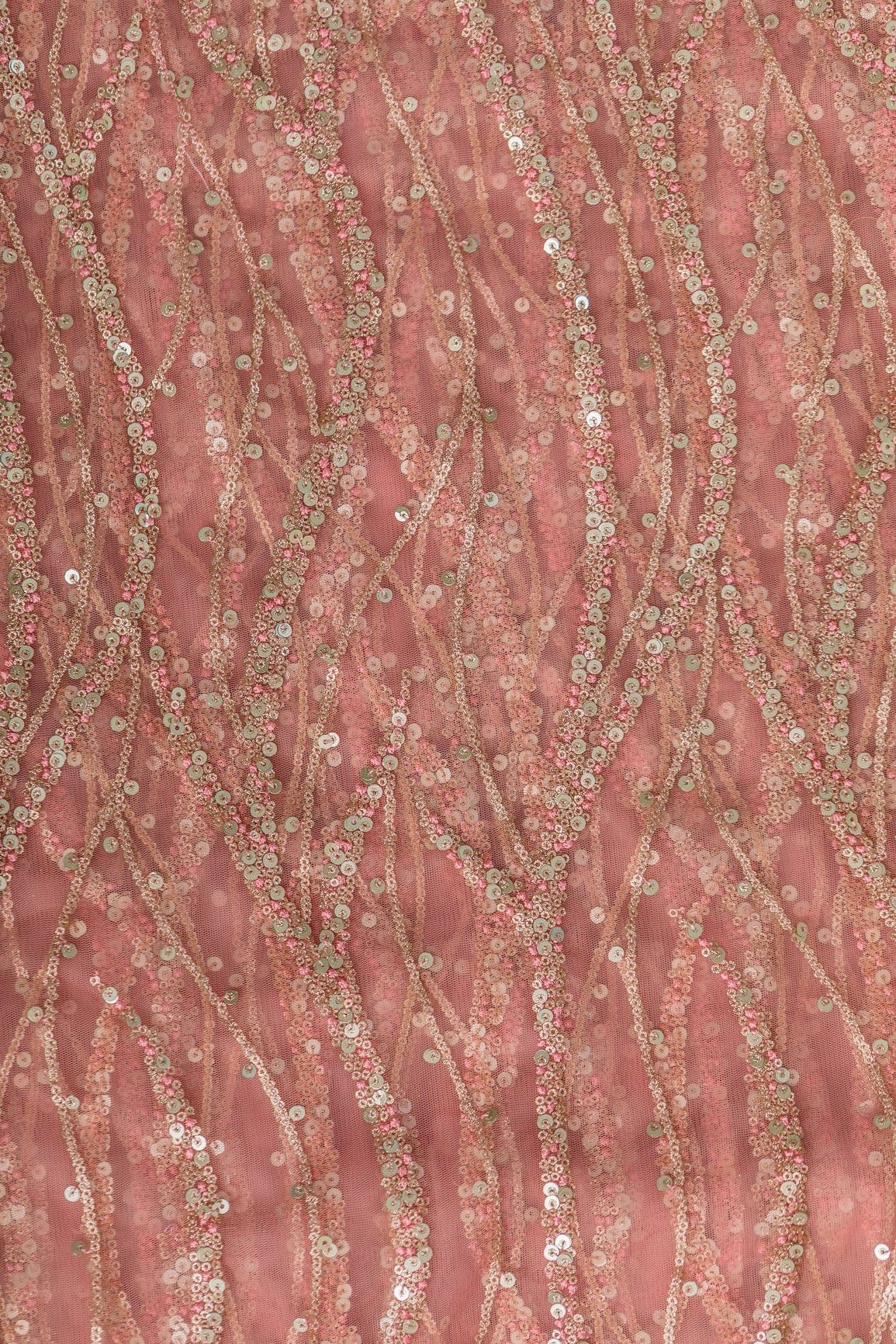 doeraa Embroidery Fabrics Gold And Silver Sequins With Baby Pink Thread Embroidery on Baby Pink Soft Net