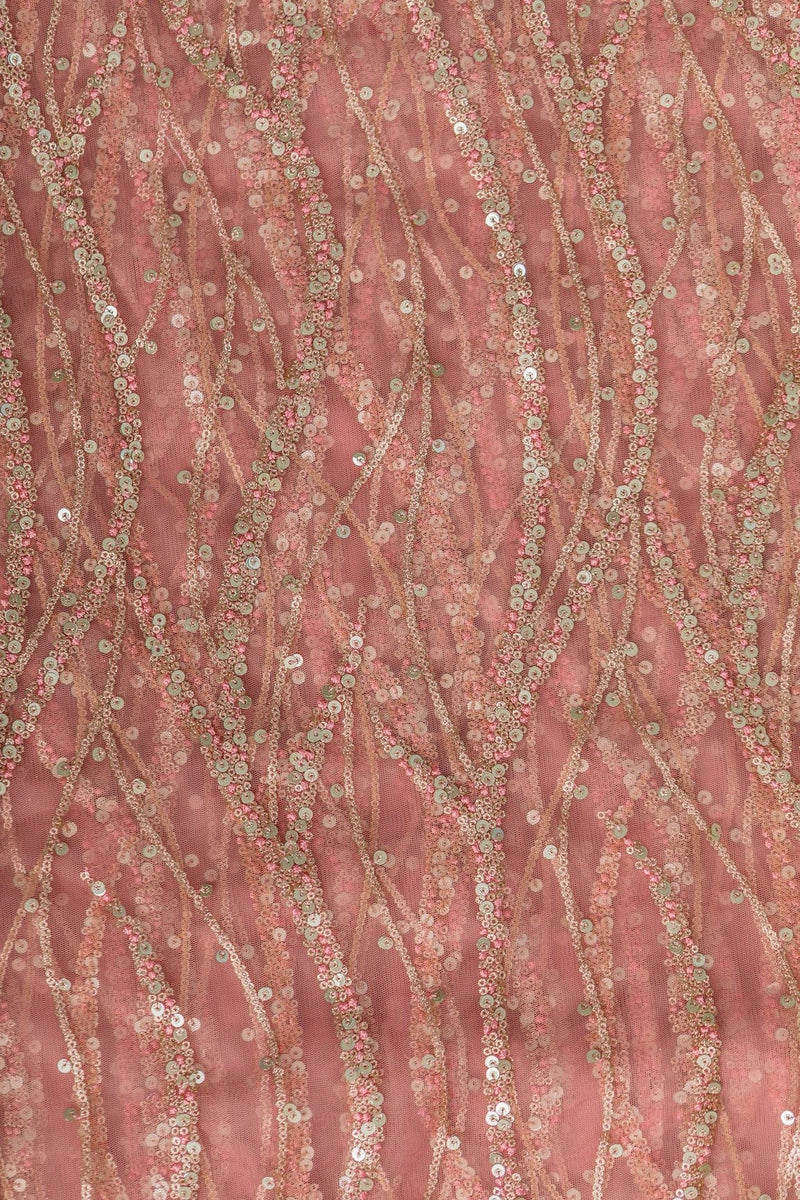 Gold Sequins with Baby Pink Thread Work Embroidery On Baby Pink Soft N