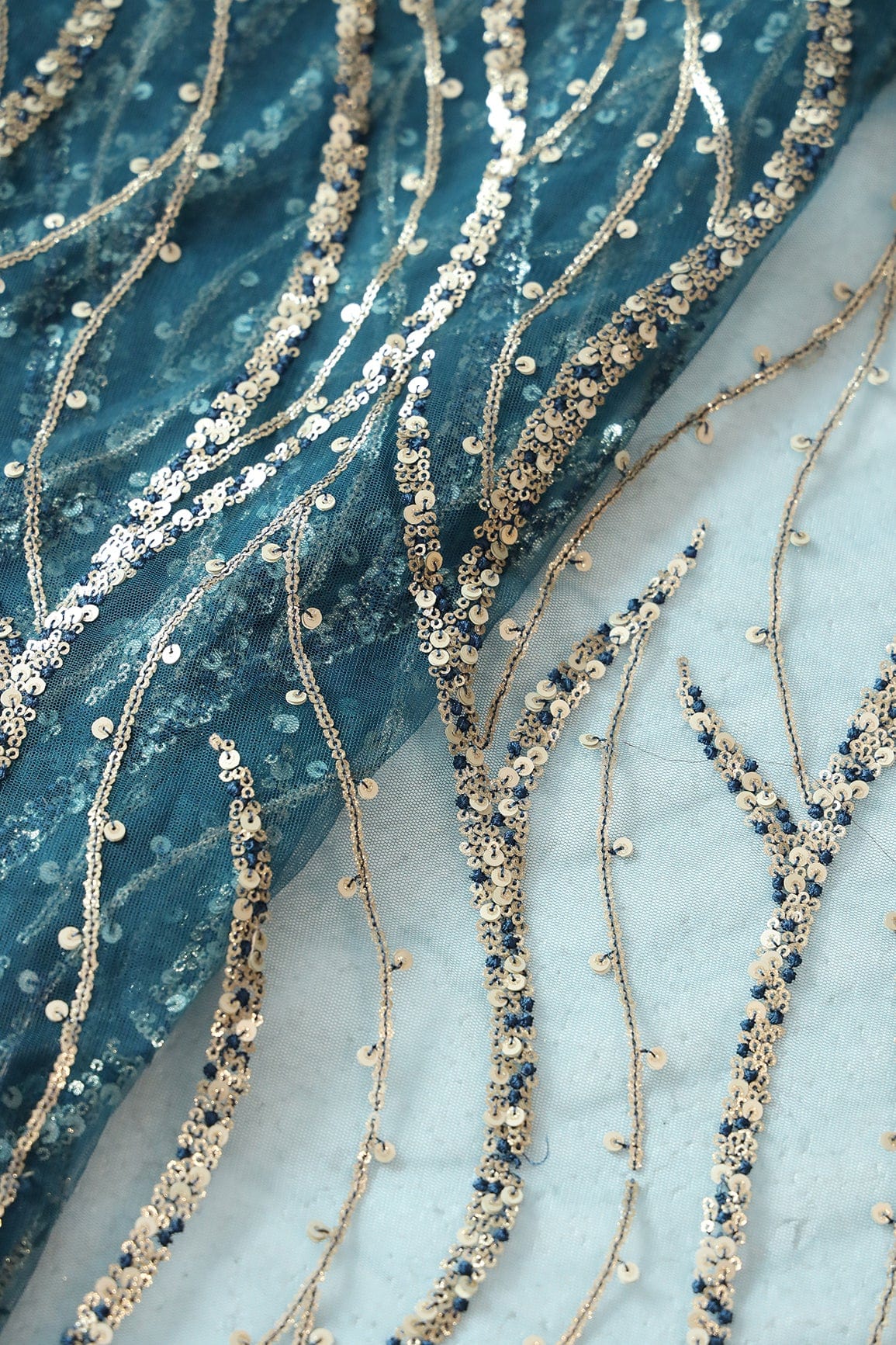 doeraa Embroidery Fabrics Gold And Silver Sequins With Blue Thread Wavy Embroidery Work On Rama Blue Soft Net Fabric