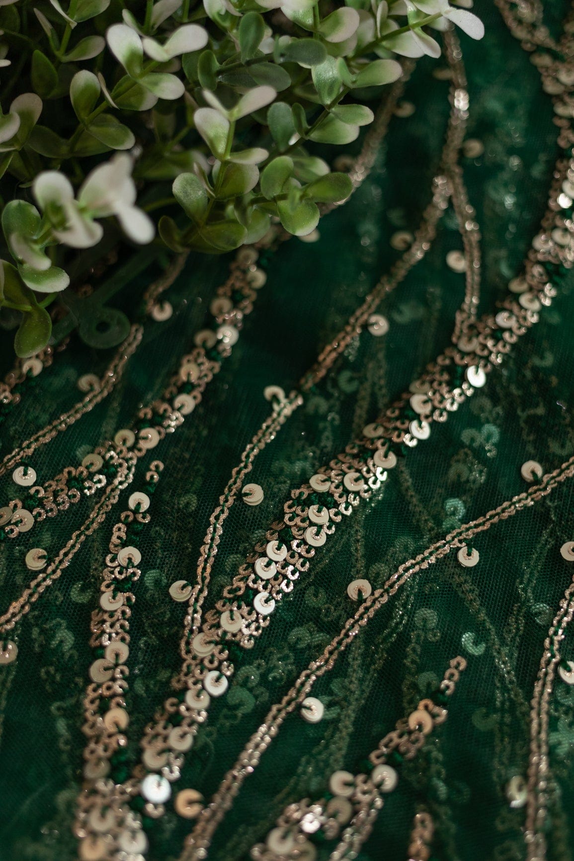doeraa Embroidery Fabrics Gold And Silver Sequins With Bottle Green Thread Embroidery on Bottle Green Soft Net