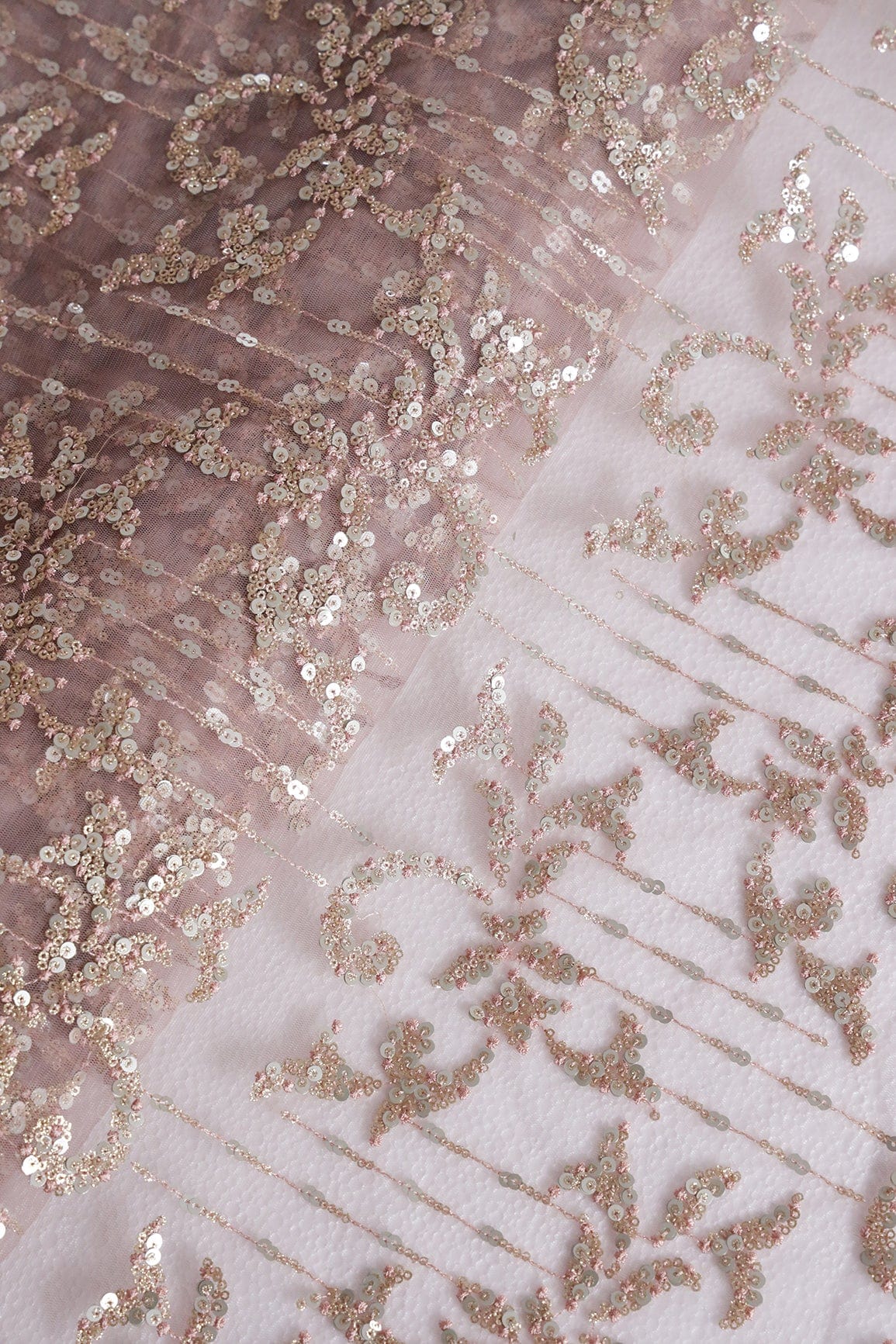 doeraa Embroidery Fabrics Gold And Silver Sequins With Mauve Thread Abstract Embroidery Work On Mauve Soft Net Fabric