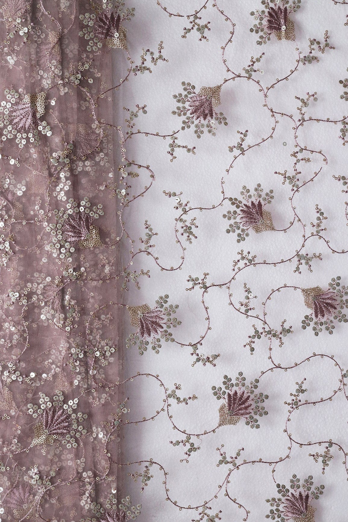 doeraa Embroidery Fabrics Gold And Silver Sequins With Mauve Thread Floral Embroidery Work On Mauve Soft Net Fabric