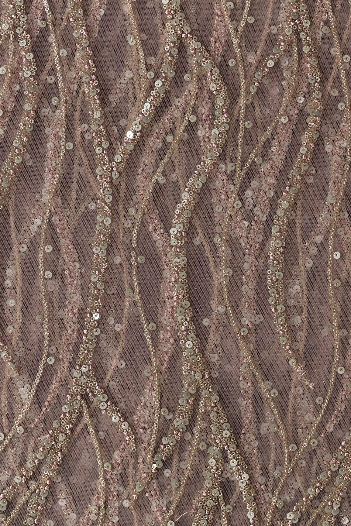 doeraa Embroidery Fabrics Gold And Silver Sequins With Mauve Thread Wavy Embroidery Work On Mauve Soft Net Fabric