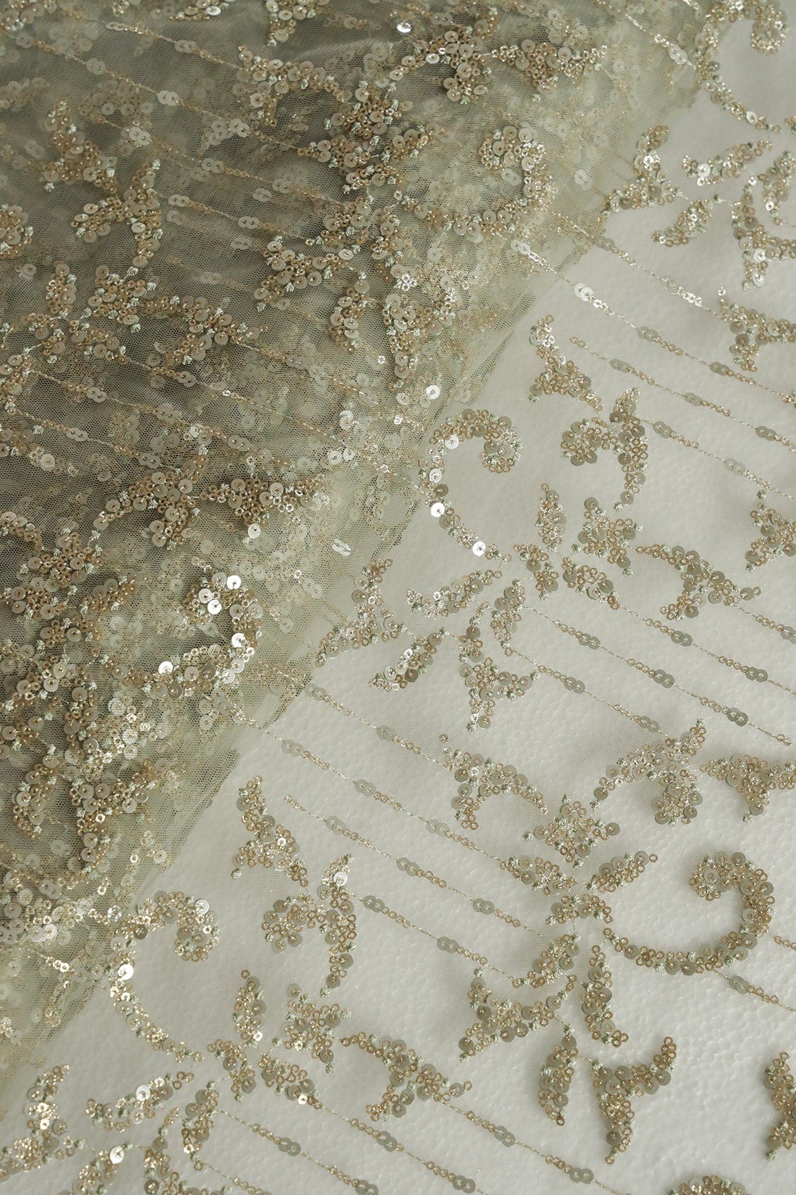 doeraa Embroidery Fabrics Gold And Silver Sequins With Olive Thread Abstract Embroidery Work On Olive Soft Net Fabric
