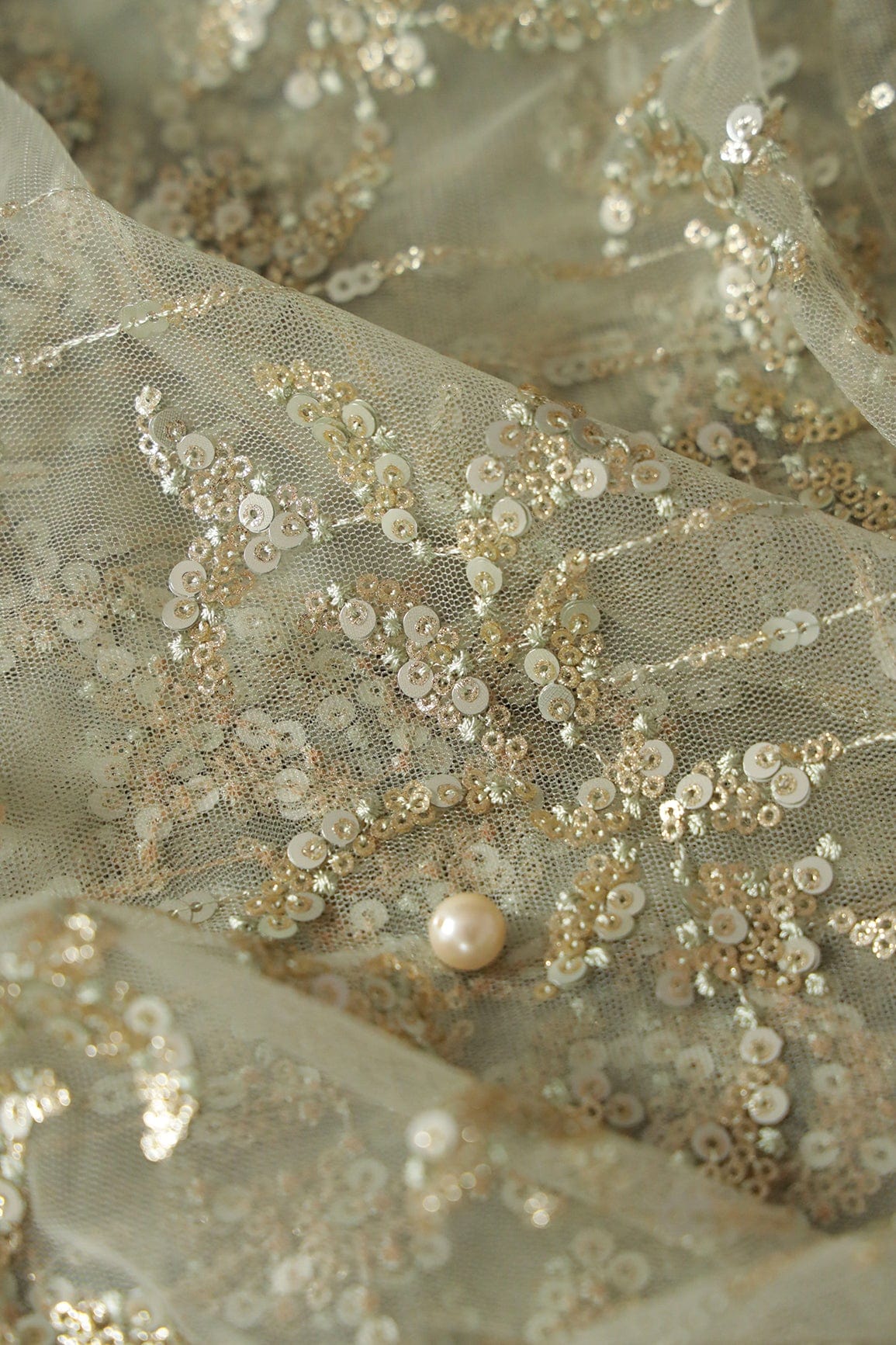 doeraa Embroidery Fabrics Gold And Silver Sequins With Olive Thread Abstract Embroidery Work On Olive Soft Net Fabric