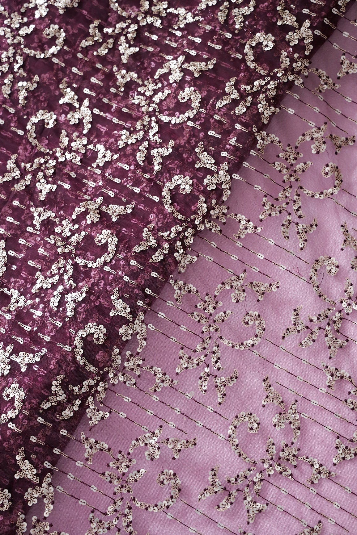 doeraa Embroidery Fabrics Gold And Silver Sequins With Wine Thread Abstract Embroidery Work On Wine Soft Net Fabric