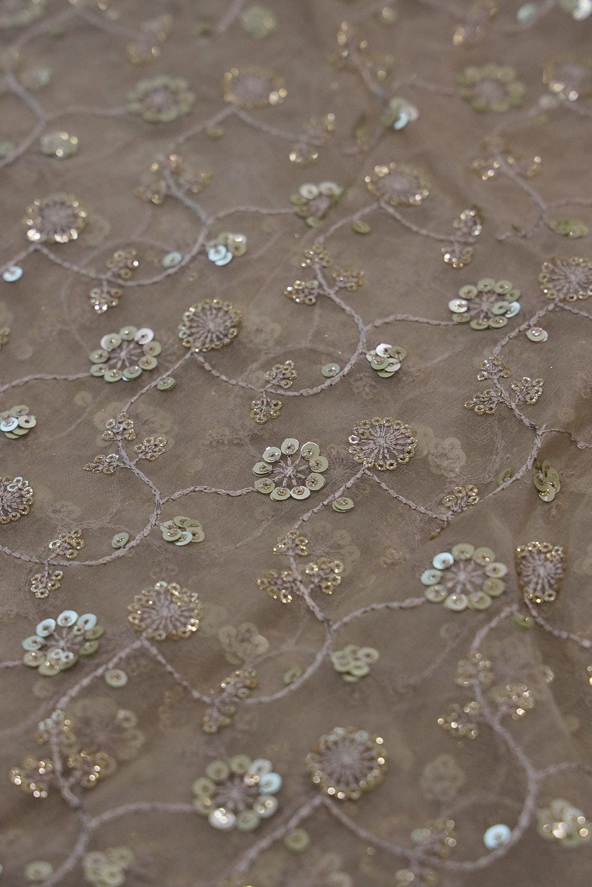 doeraa Embroidery Fabrics Gold Coloured Sequins Embroidery On Light Brown Organza Fabric