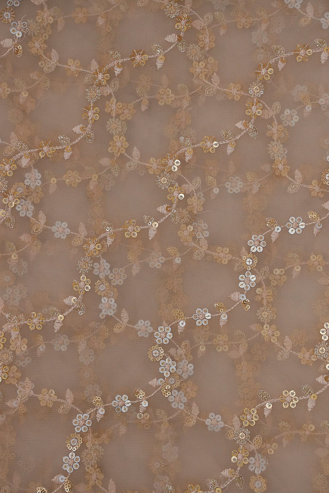 doeraa Embroidery Fabrics Gold Sequins and Leafy Thread Embroidery on Beige Soft Net Fabric
