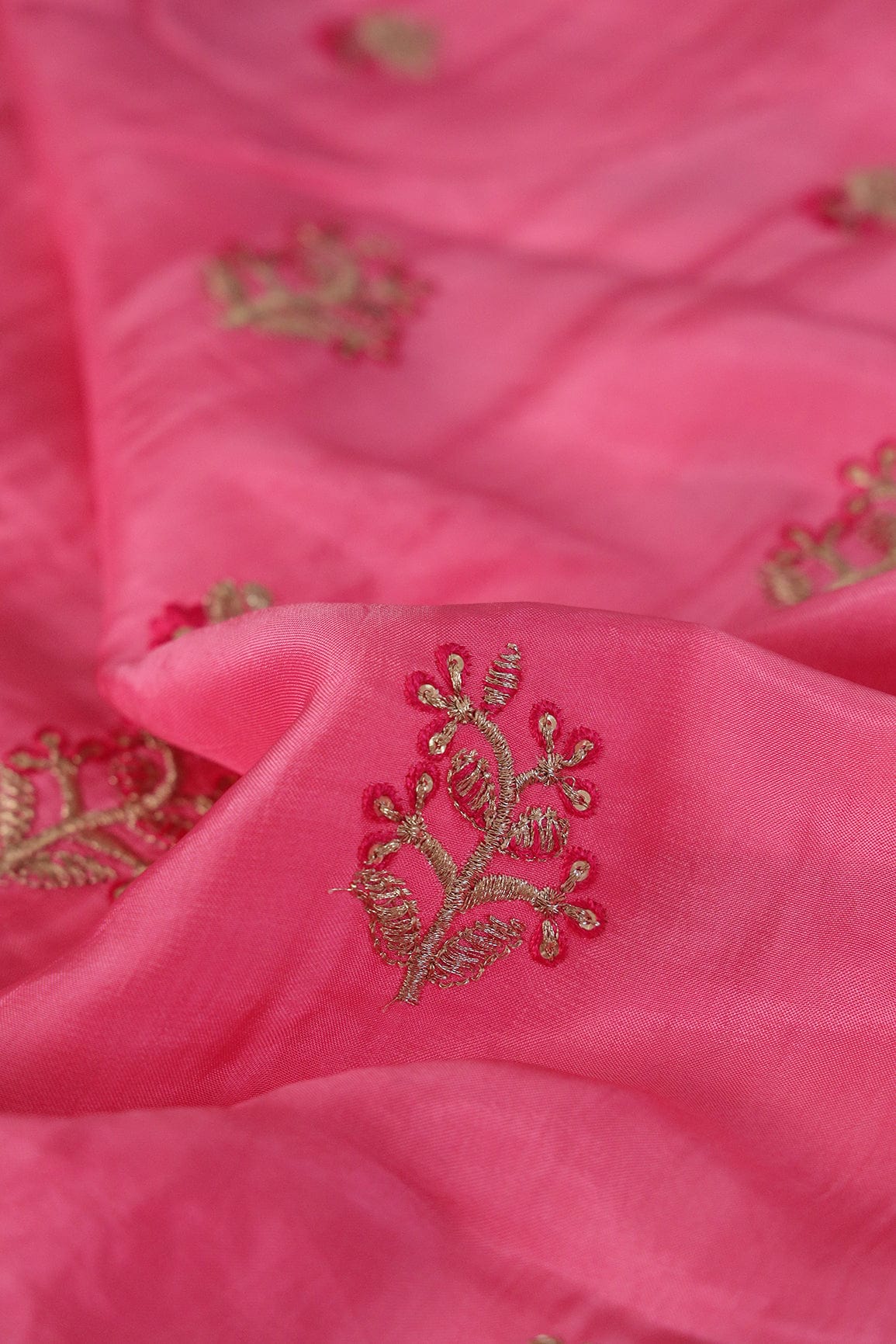 doeraa Embroidery Fabrics Gold Sequins and Zari Floral Embroidery On Pink Uppada Silk Fabric