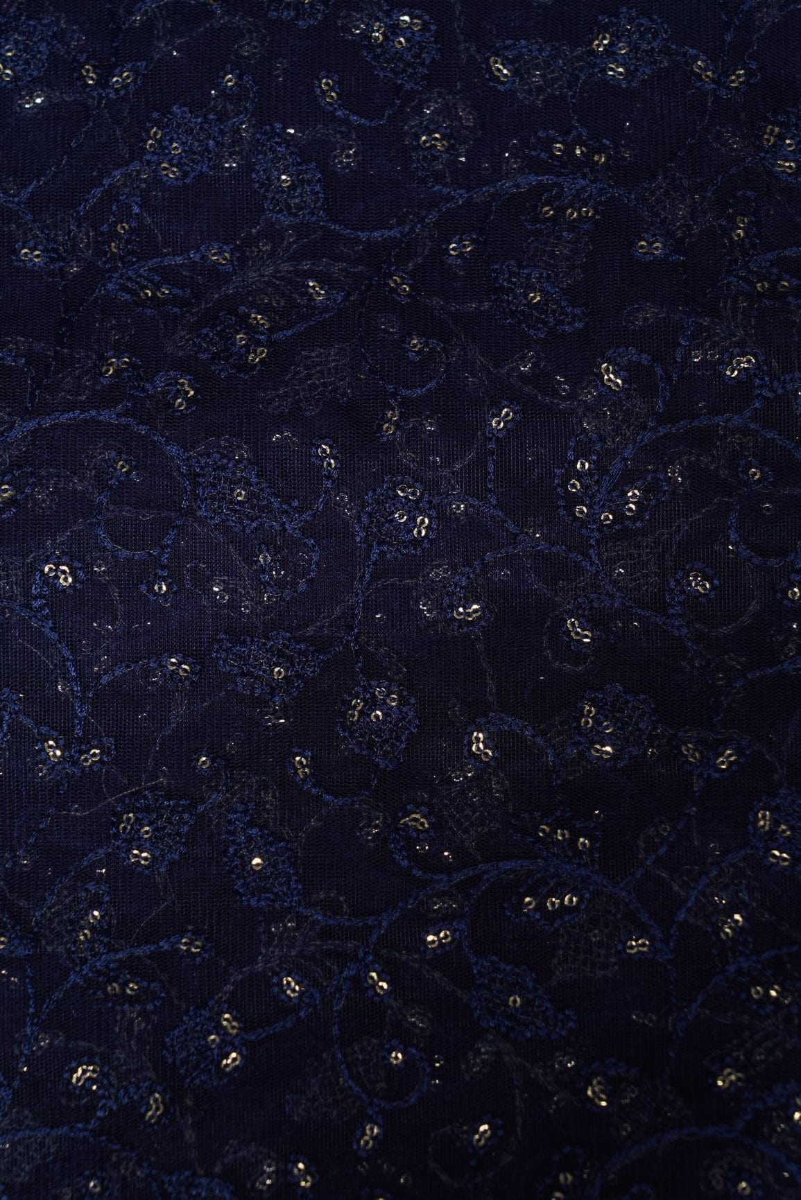 doeraa Embroidery Fabrics Gold Sequins Navy Blue Thread work Embroidery On Navy Blue Soft Net Fabric