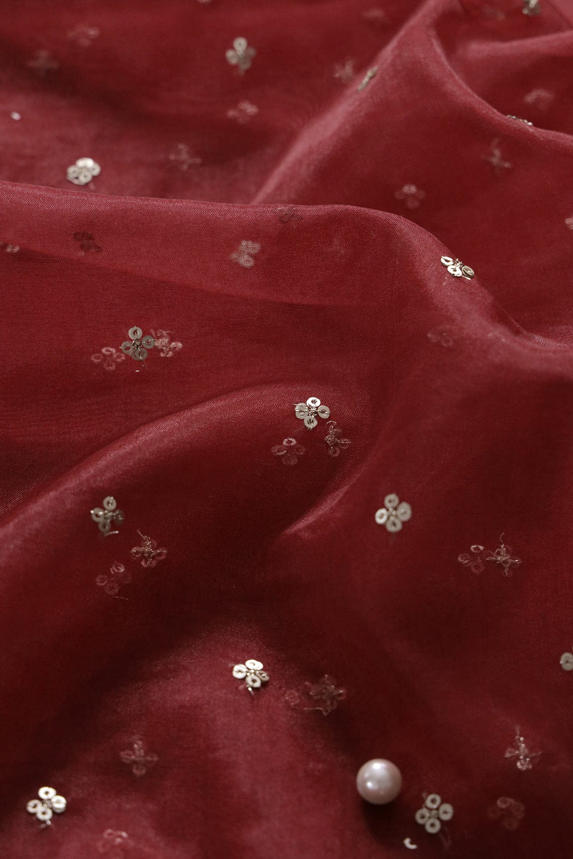 doeraa Embroidery Fabrics Gold Sequins Small Motif Embroidery Work On Maroon Organza Fabric