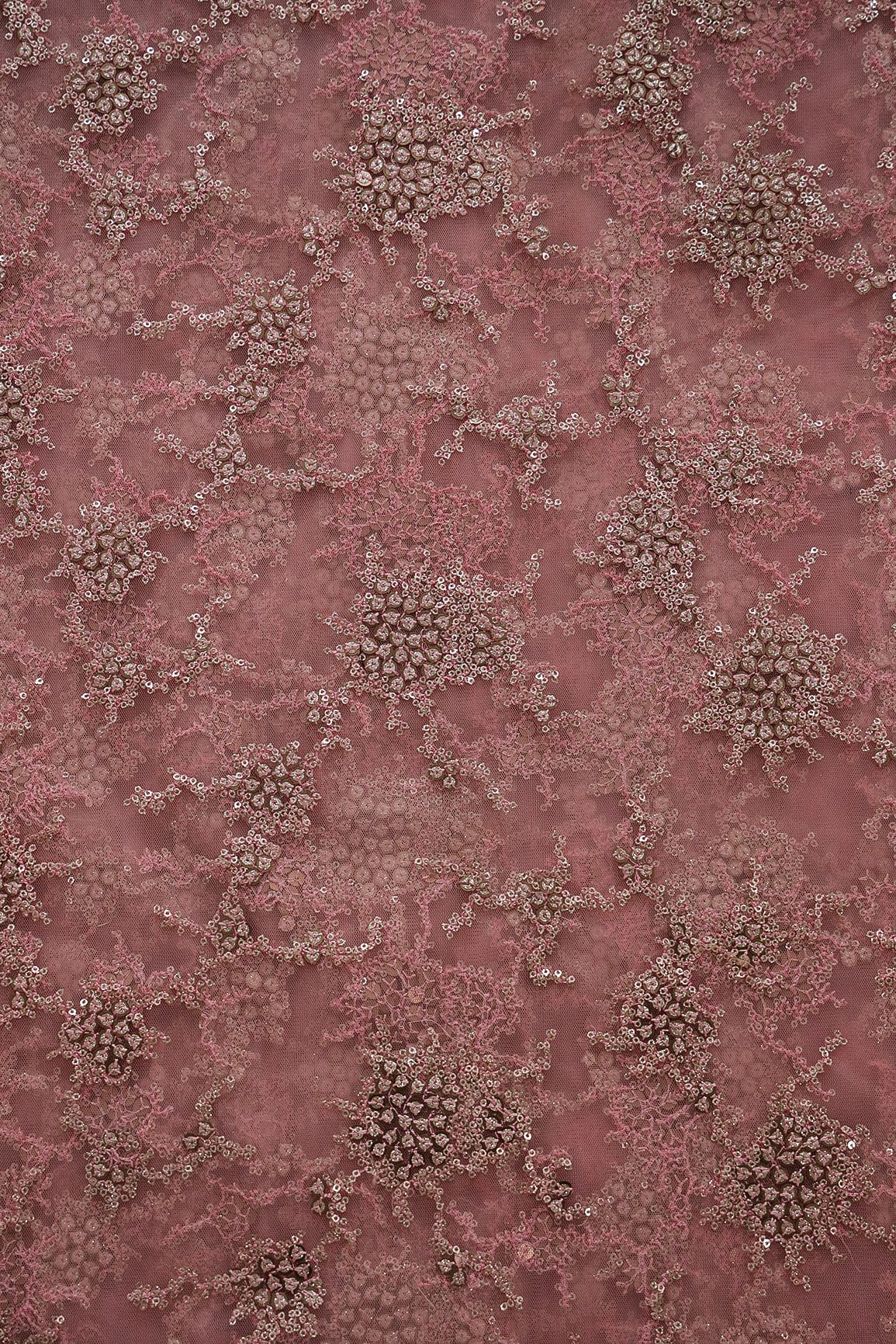 doeraa Embroidery Fabrics Gold Sequins with Baby Pink Thread Work Embroidery On Baby Pink Soft Net Fabric
