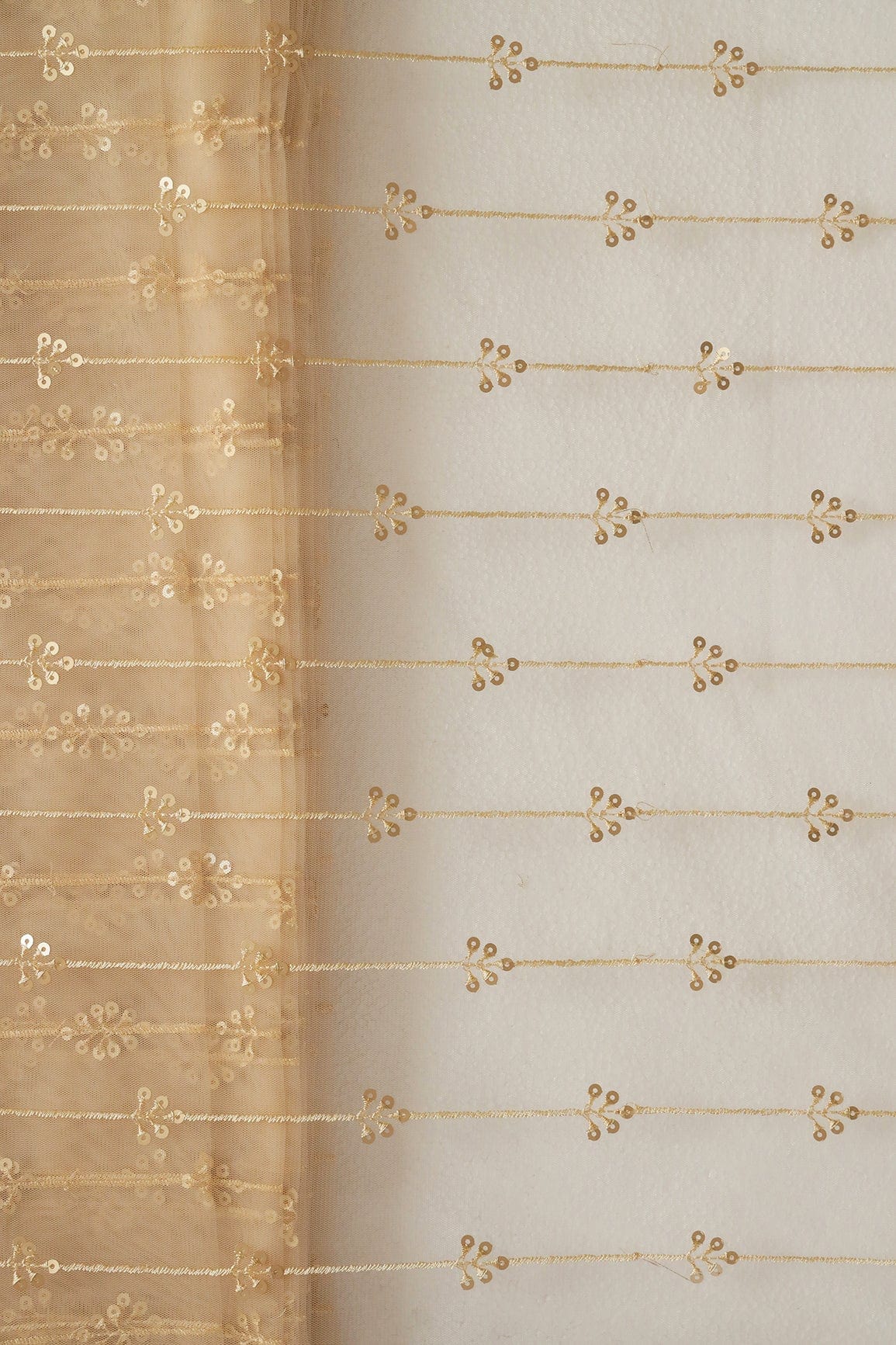 doeraa Embroidery Fabrics Gold Sequins With Beige Thread Beautiful Stripes Embroidery Work On Beige Soft Net Fabric