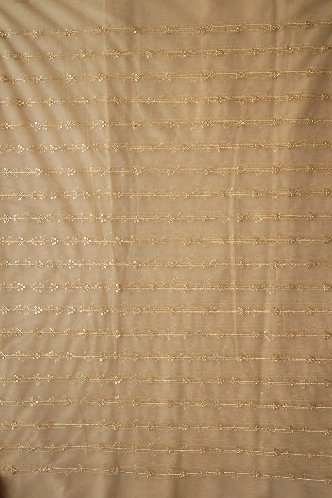 doeraa Embroidery Fabrics Gold Sequins With Beige Thread Beautiful Stripes Embroidery Work On Beige Soft Net Fabric