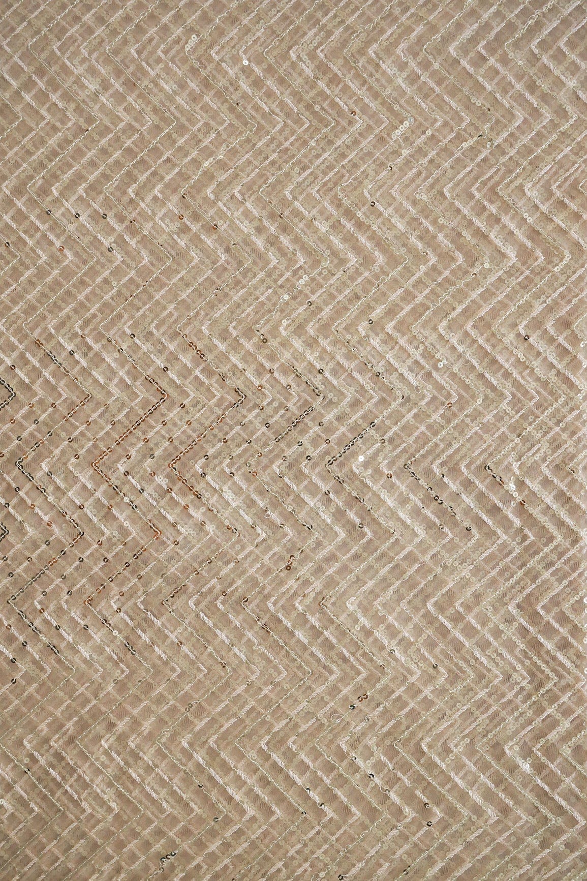 doeraa Embroidery Fabrics Gold Sequins With Beige Thread Chevron Embroidery Work On Beige Soft Net Fabric