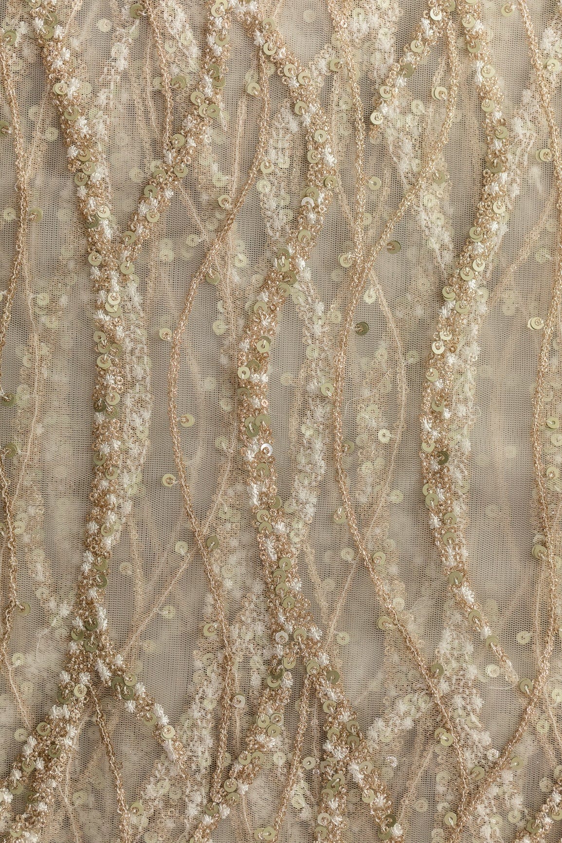 doeraa Embroidery Fabrics Gold Sequins With Beige Thread Embroidery On White Soft Net