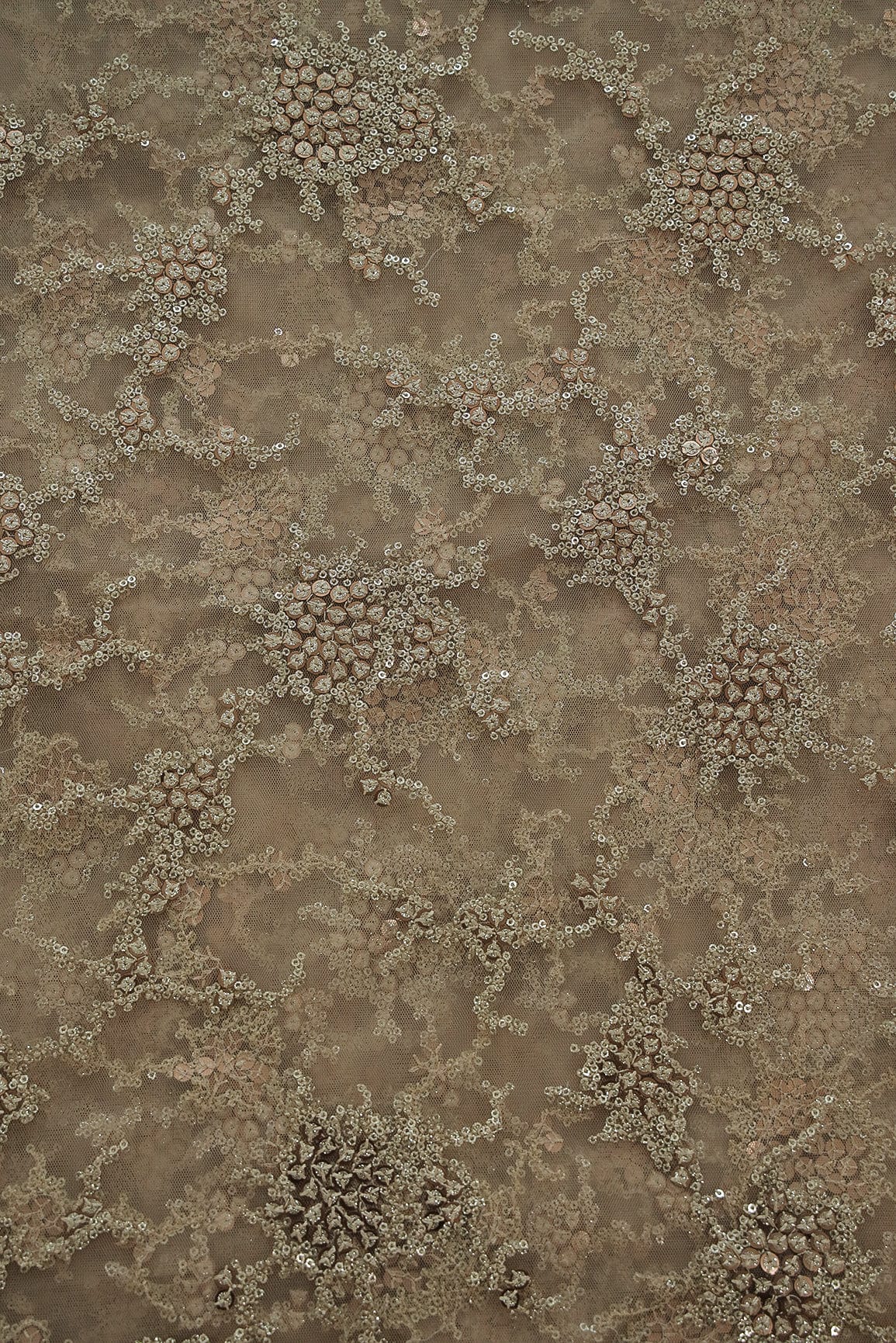 doeraa Embroidery Fabrics Gold Sequins with Beige Thread Work Embroidery On Beige Soft Net Fabric