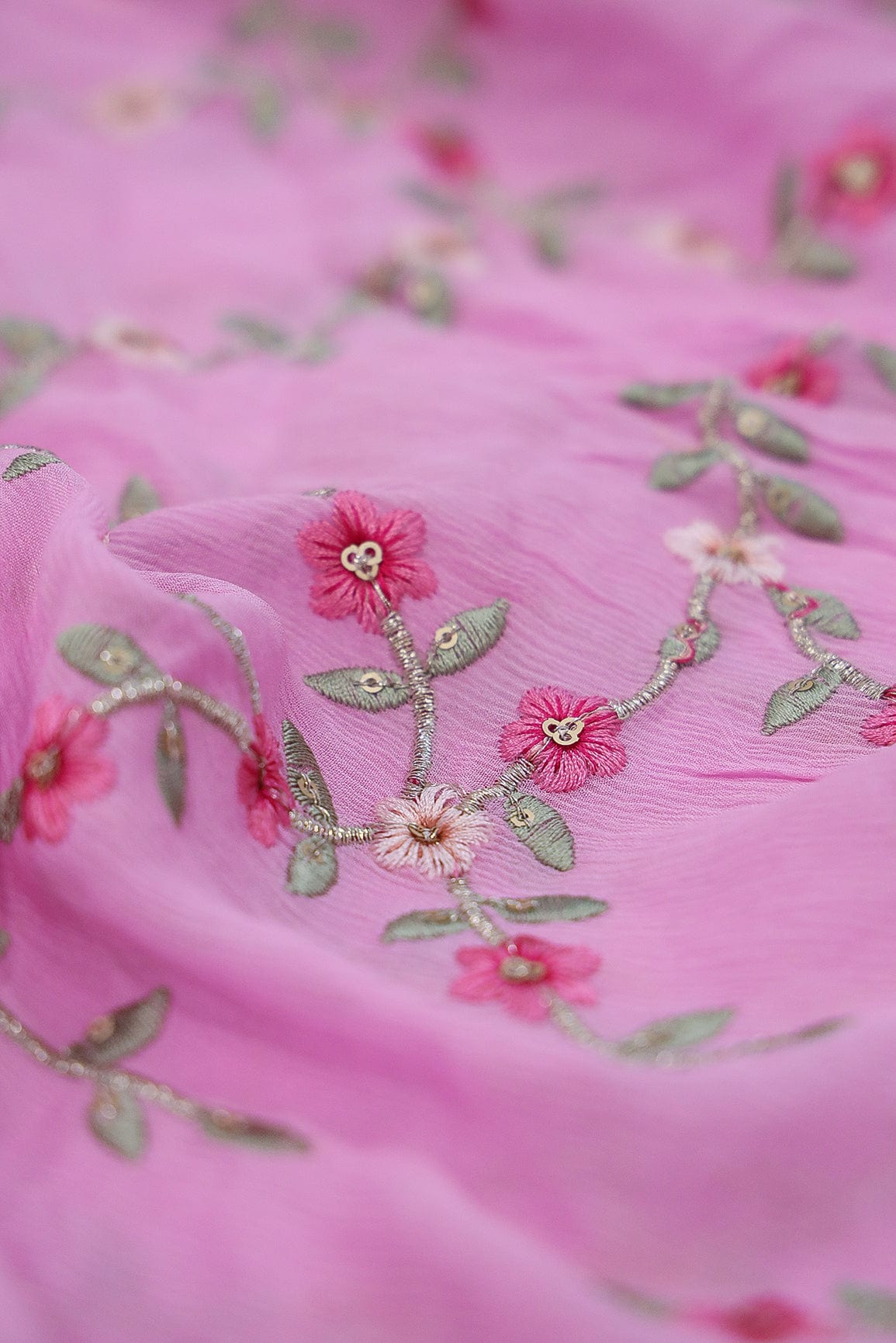 doeraa Embroidery Fabrics Gold Sequins With Floral Embroidery On Pink Chinnon Chiffon Fabric