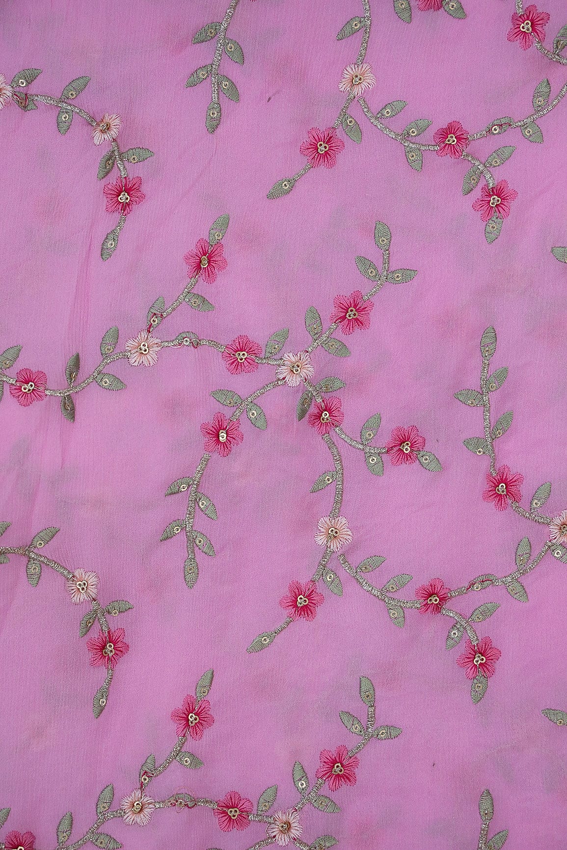 doeraa Embroidery Fabrics Gold Sequins With Floral Embroidery On Pink Chinnon Chiffon Fabric