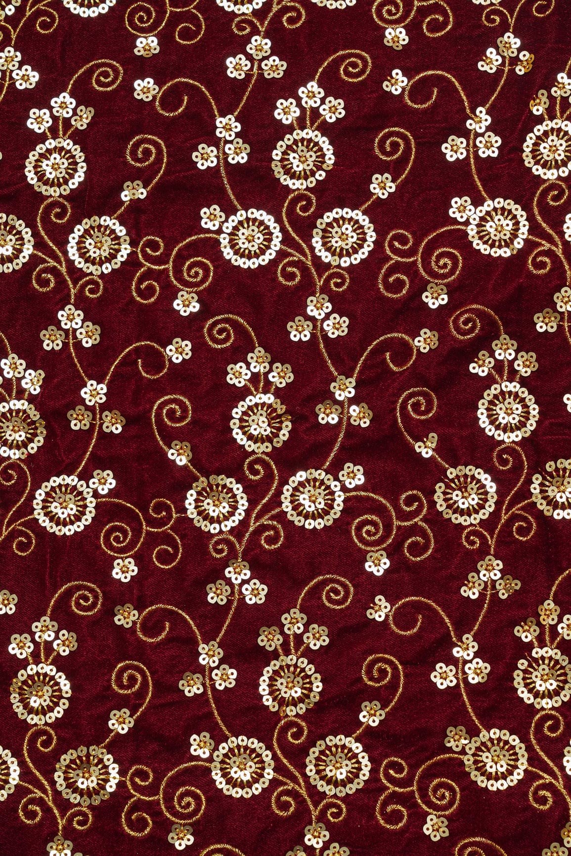 doeraa Embroidery Fabrics Gold Sequins With Gold Thread Embroidery On Maroon Velvet