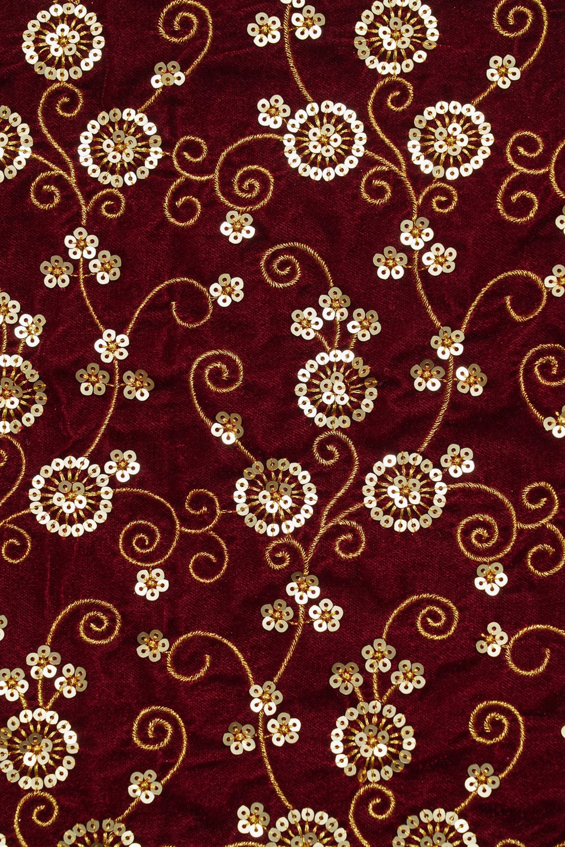 doeraa Embroidery Fabrics Gold Sequins With Gold Thread Embroidery On Maroon Velvet