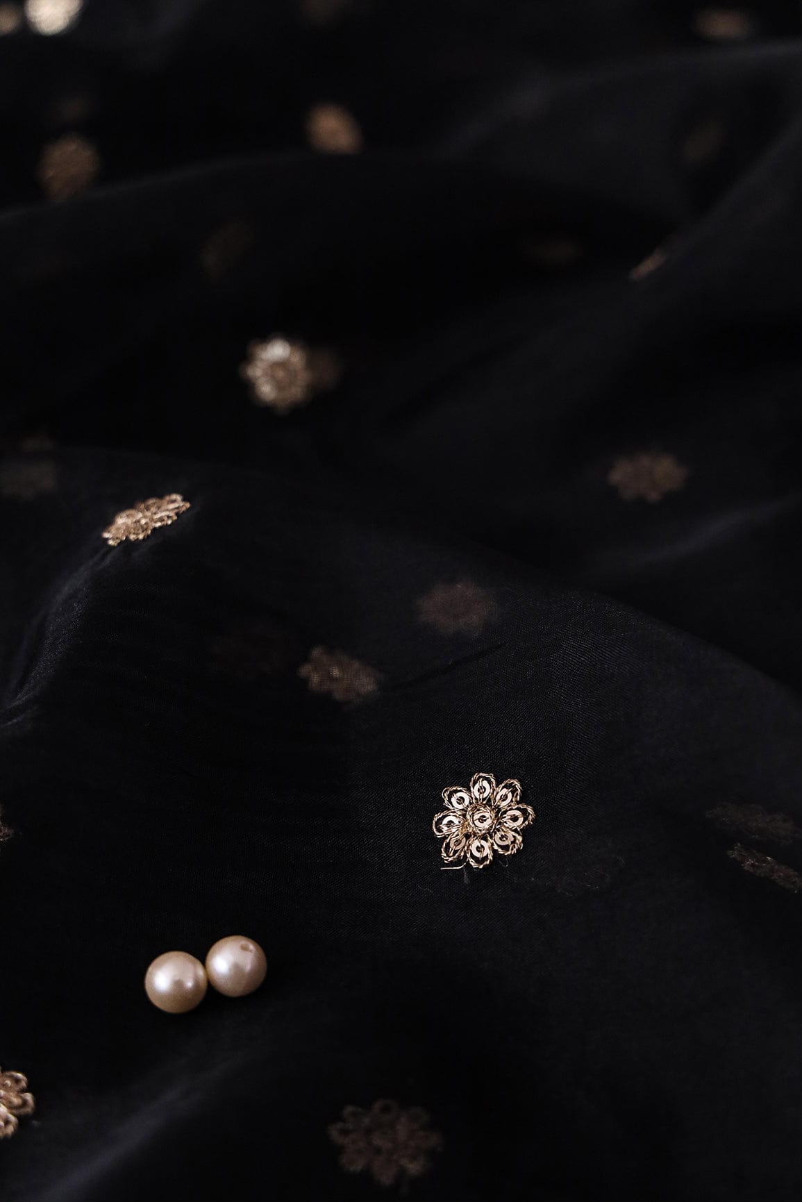 doeraa Embroidery Fabrics Gold Sequins with Gold Thread Motif Embroidery On Black Organza Fabric