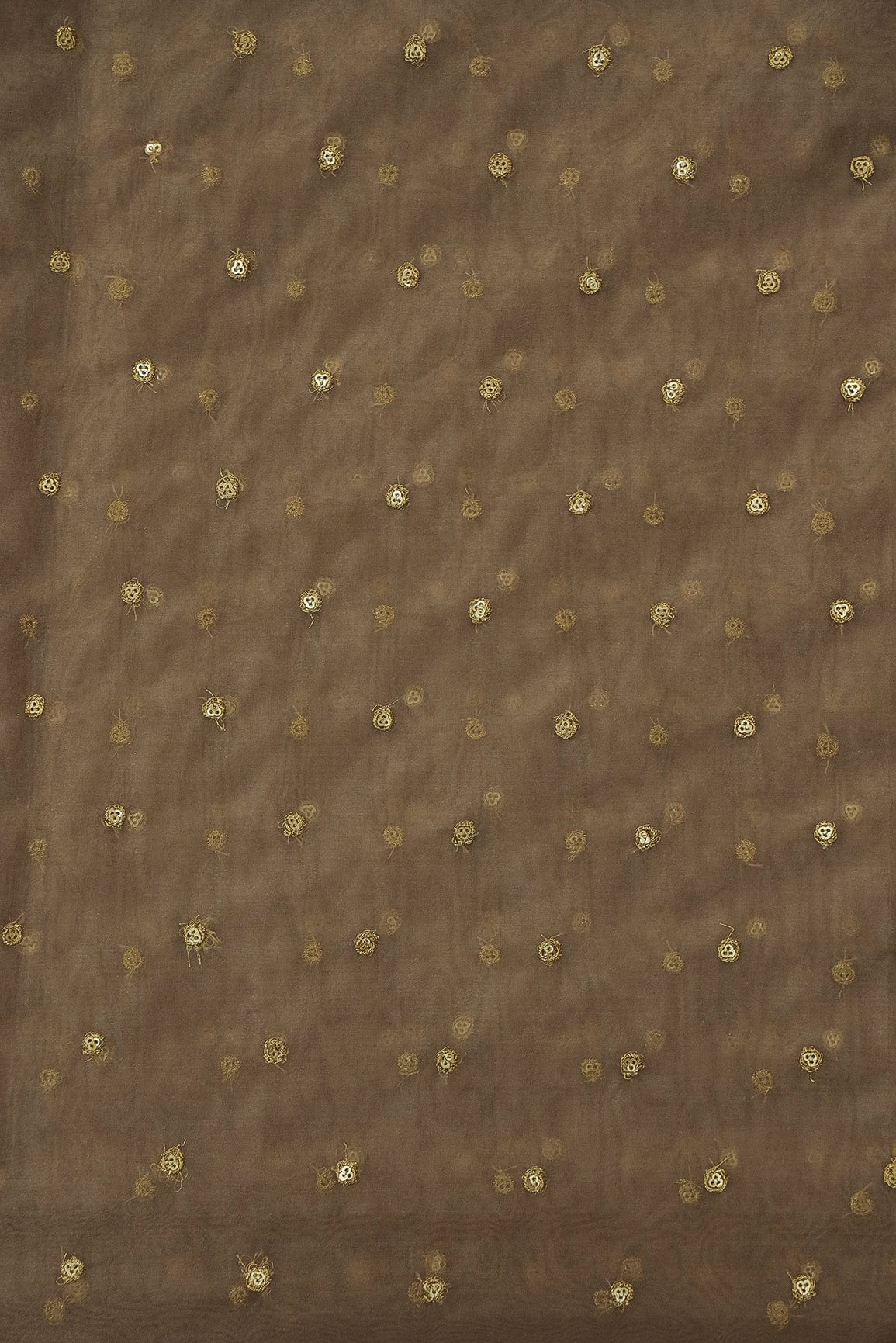 doeraa Embroidery Fabrics Gold Sequins with Gold Thread Motif Embroidery on Brown Organza Fabric
