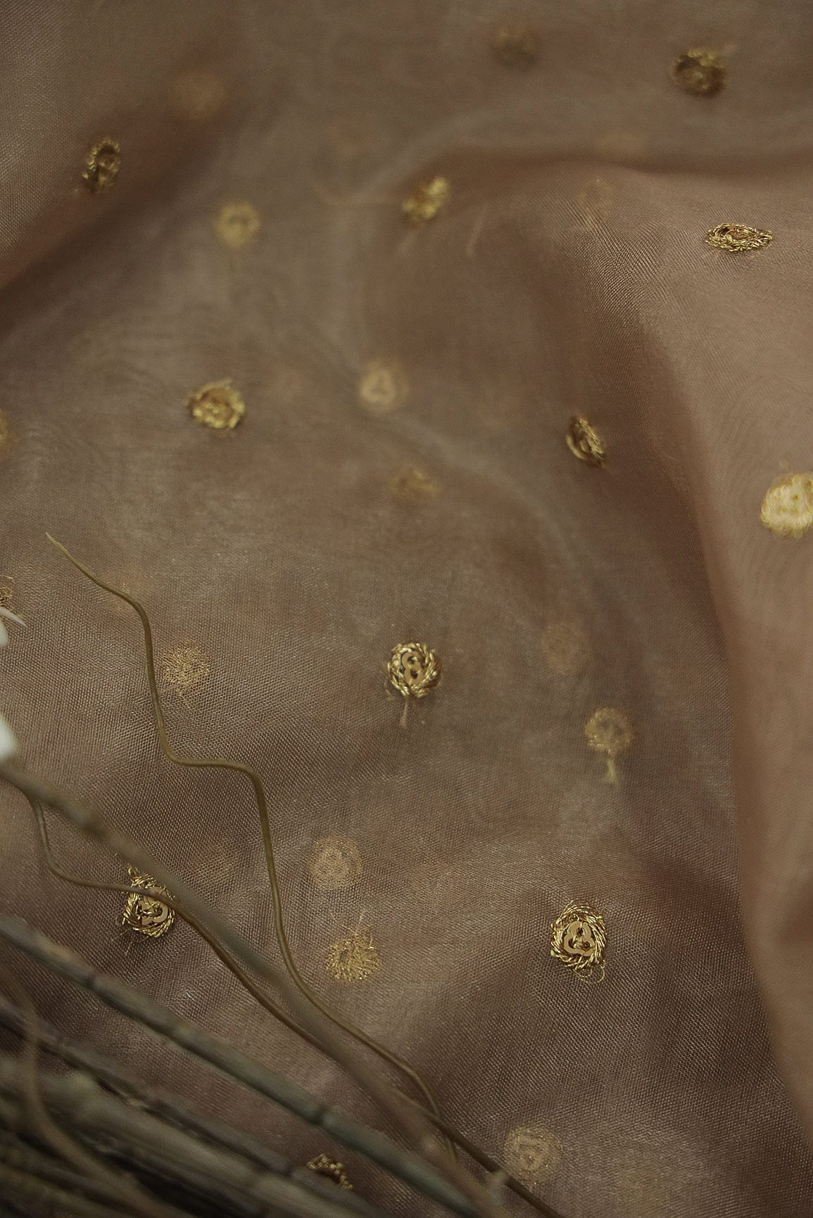 doeraa Embroidery Fabrics Gold Sequins with Gold Thread Motif Embroidery on Brown Organza Fabric