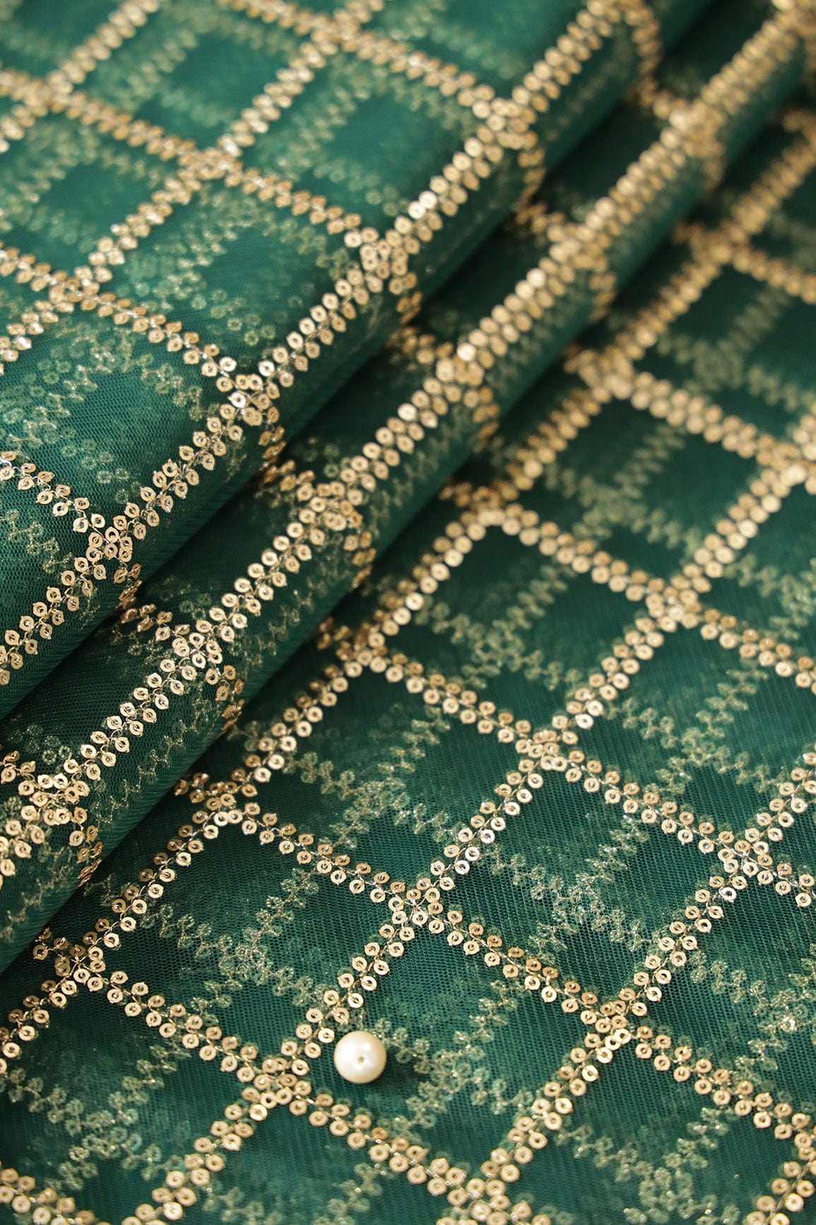doeraa Embroidery Fabrics Gold Sequins With Gold Zari Beautiful Checks Embroidery On Bottle Green Soft Net Fabric