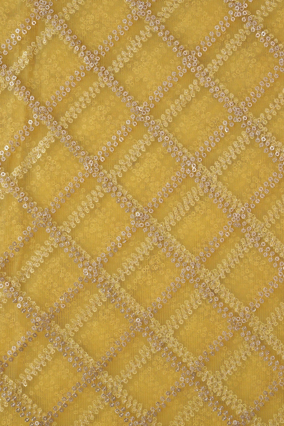 doeraa Embroidery Fabrics Gold Sequins With Gold Zari Beautiful Checks Embroidery On Yellow Soft Net Fabric