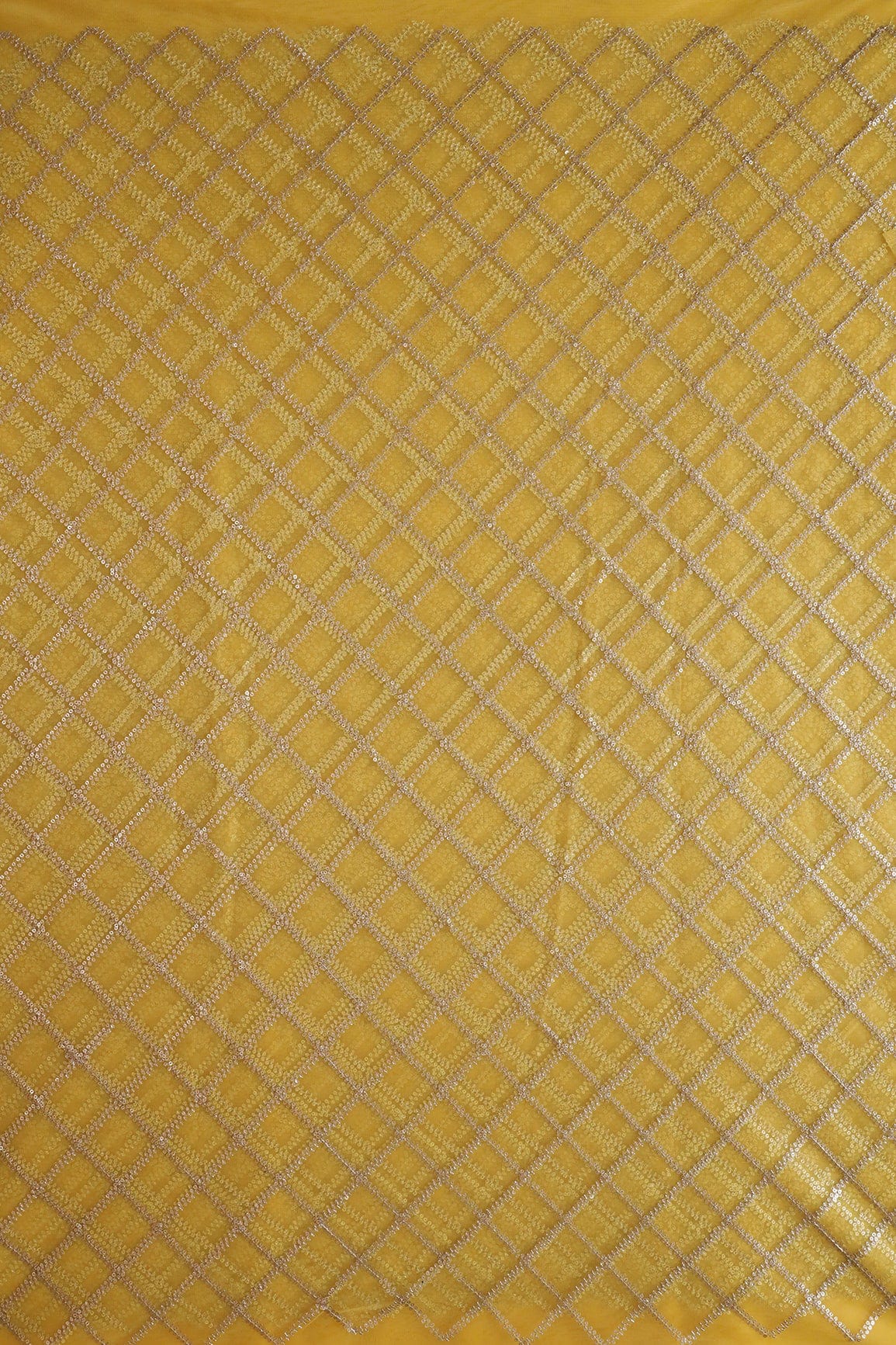doeraa Embroidery Fabrics Gold Sequins With Gold Zari Beautiful Checks Embroidery On Yellow Soft Net Fabric