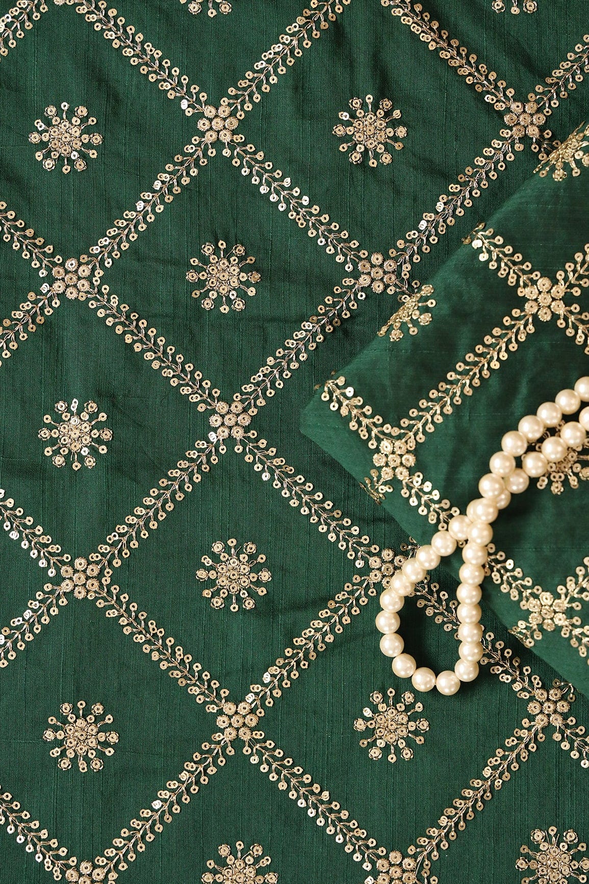 doeraa Embroidery Fabrics Gold Sequins With Gold Zari Beautiful Checks Embroidery Work On Bottle Green Raw Silk Fabric