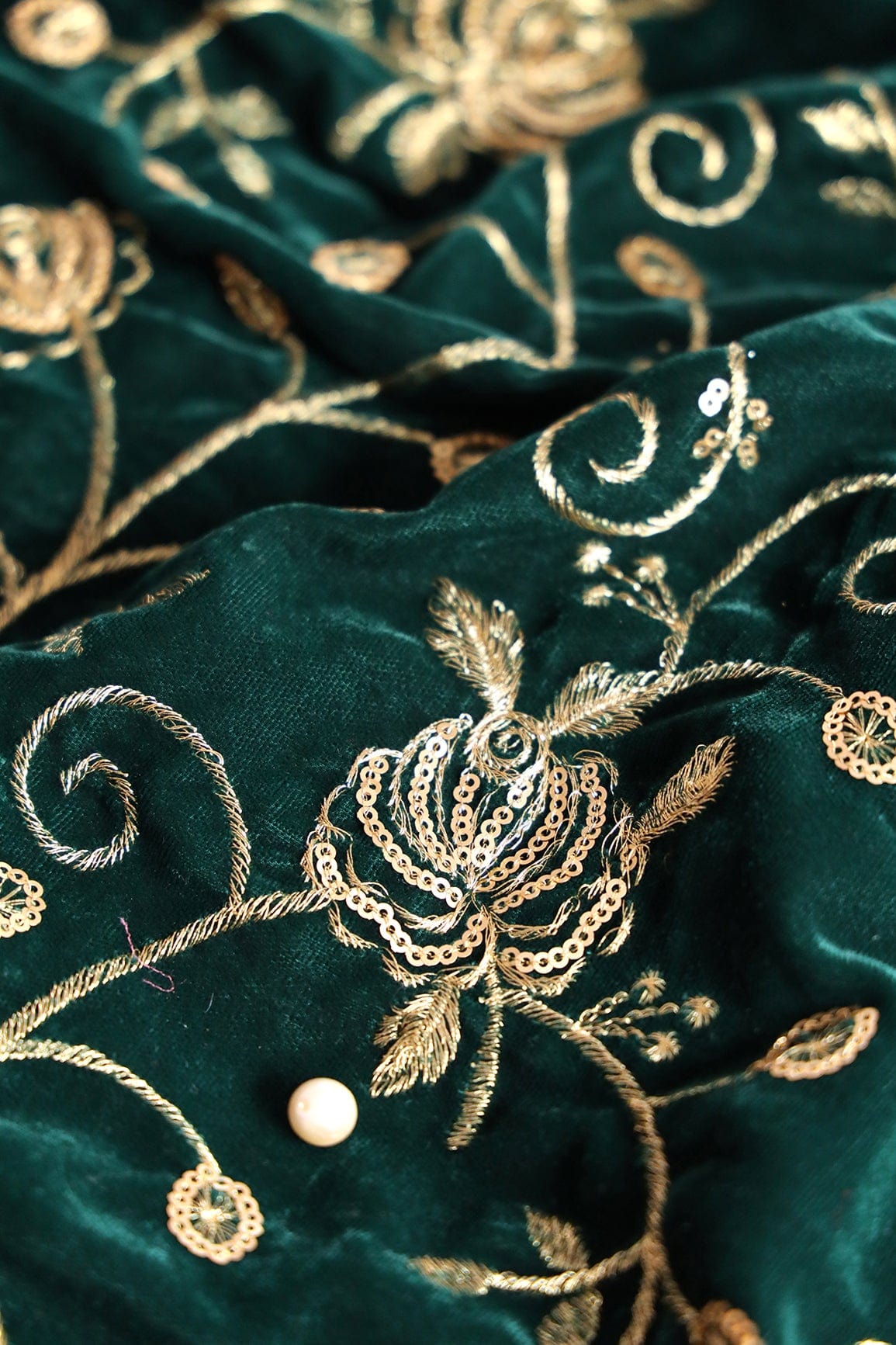 doeraa Embroidery Fabrics Gold Sequins With Gold Zari Beautiful Floral Embroidery On Bottle Green Velvet Fabric