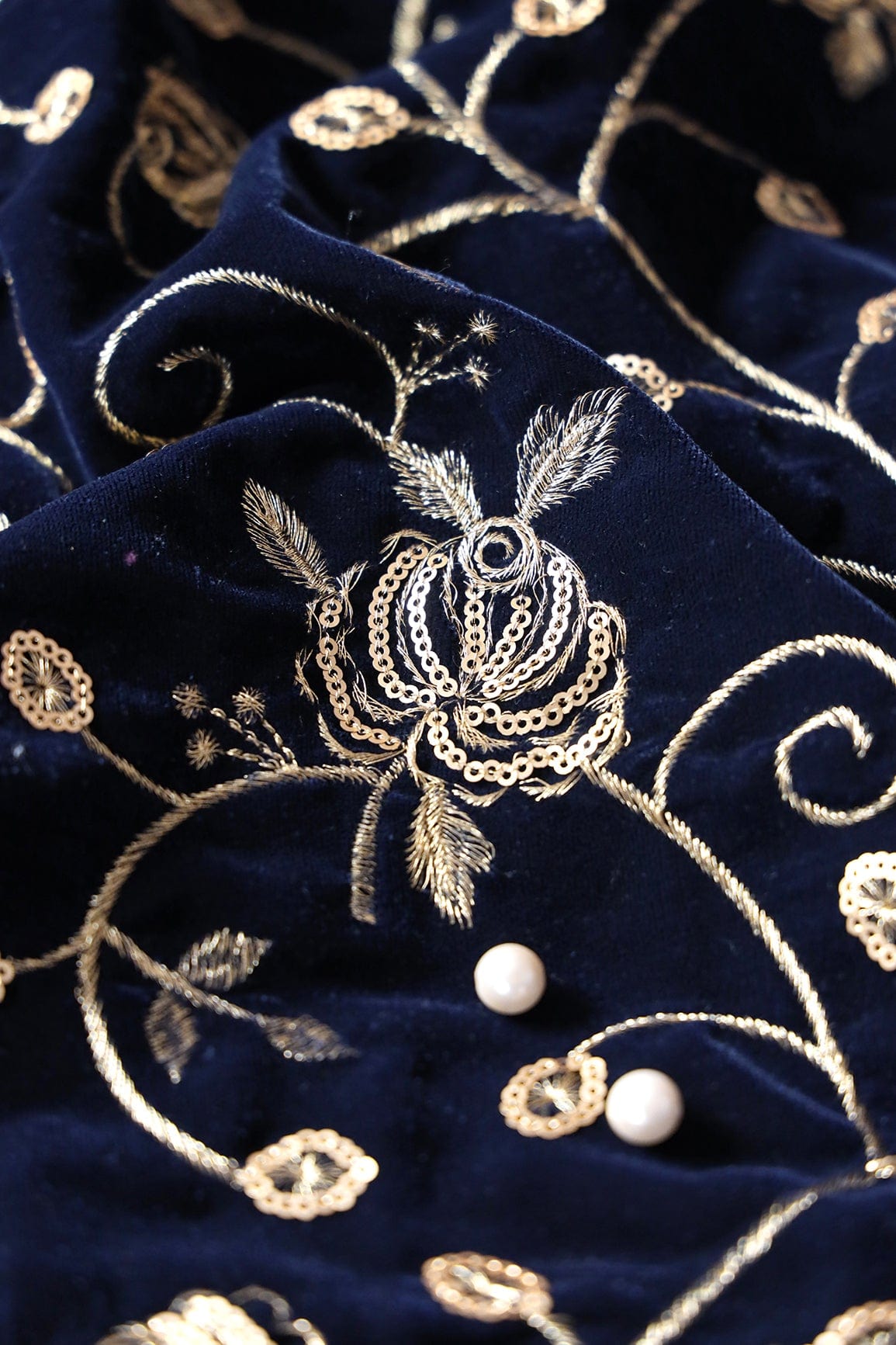 doeraa Embroidery Fabrics Gold Sequins With Gold Zari Beautiful Floral Embroidery On Navy Blue Velvet Fabric