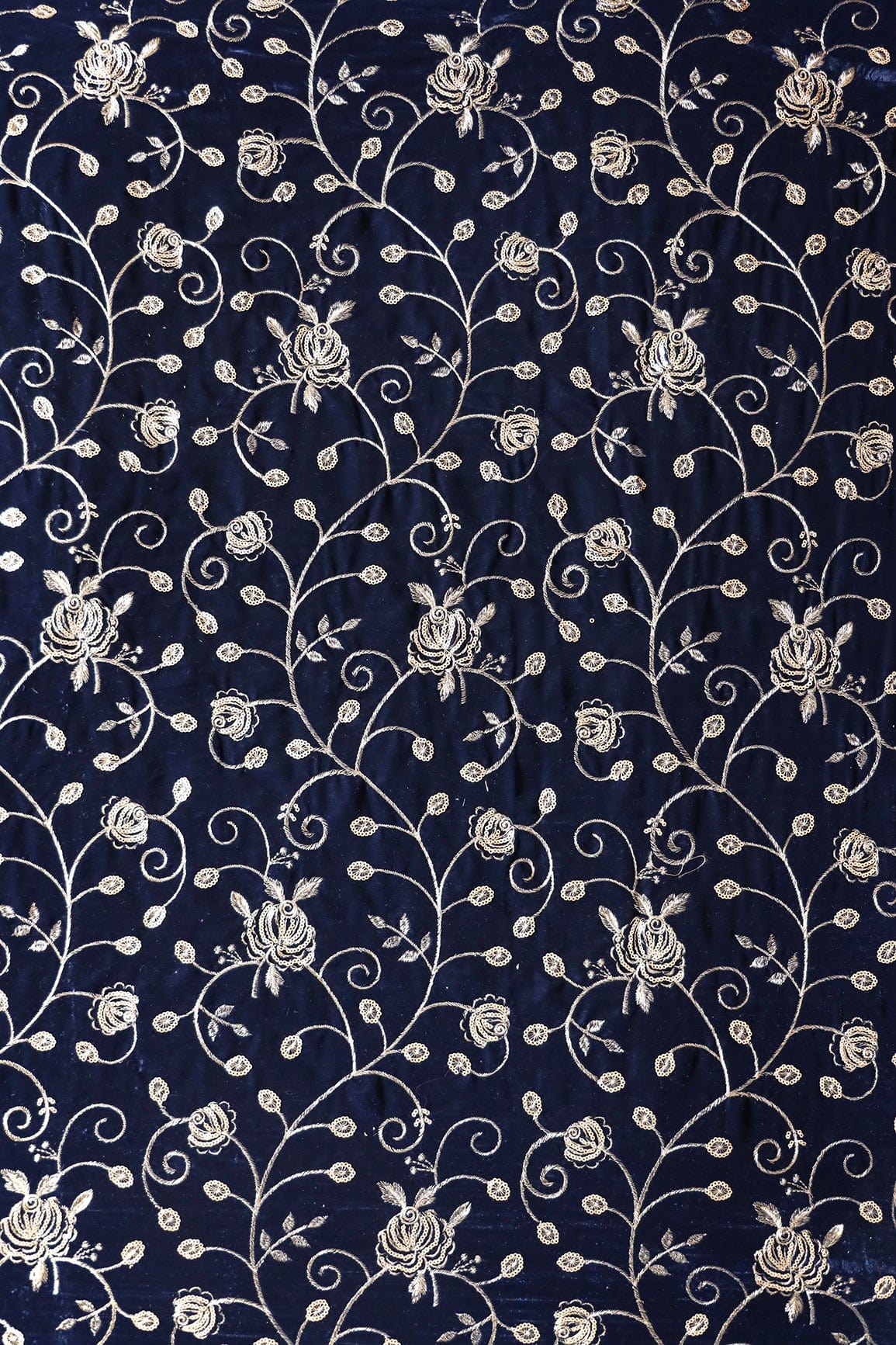 doeraa Embroidery Fabrics Gold Sequins With Gold Zari Beautiful Floral Embroidery On Navy Blue Velvet Fabric