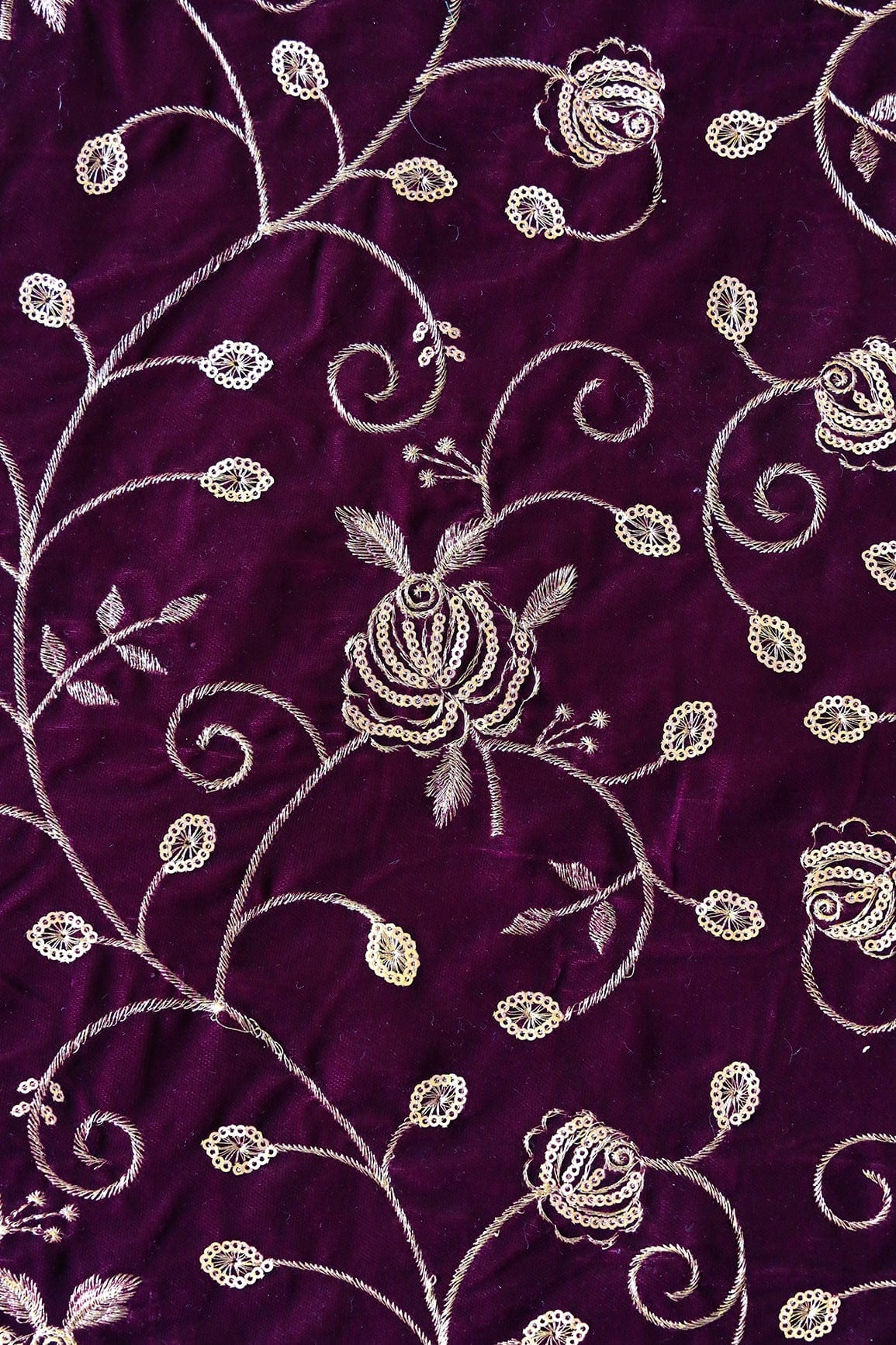 doeraa Embroidery Fabrics Gold Sequins With Gold Zari Beautiful Floral Embroidery On Purple Velvet Fabric
