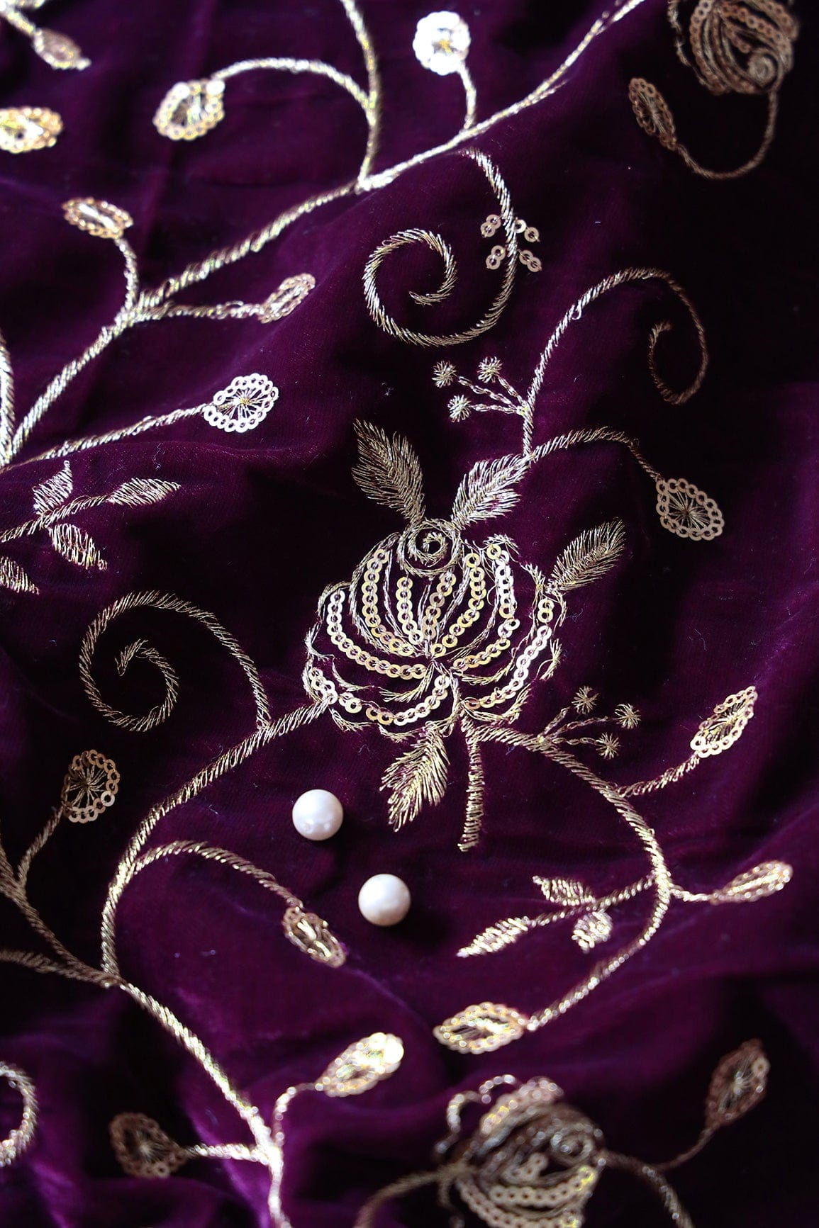 doeraa Embroidery Fabrics Gold Sequins With Gold Zari Beautiful Floral Embroidery On Purple Velvet Fabric