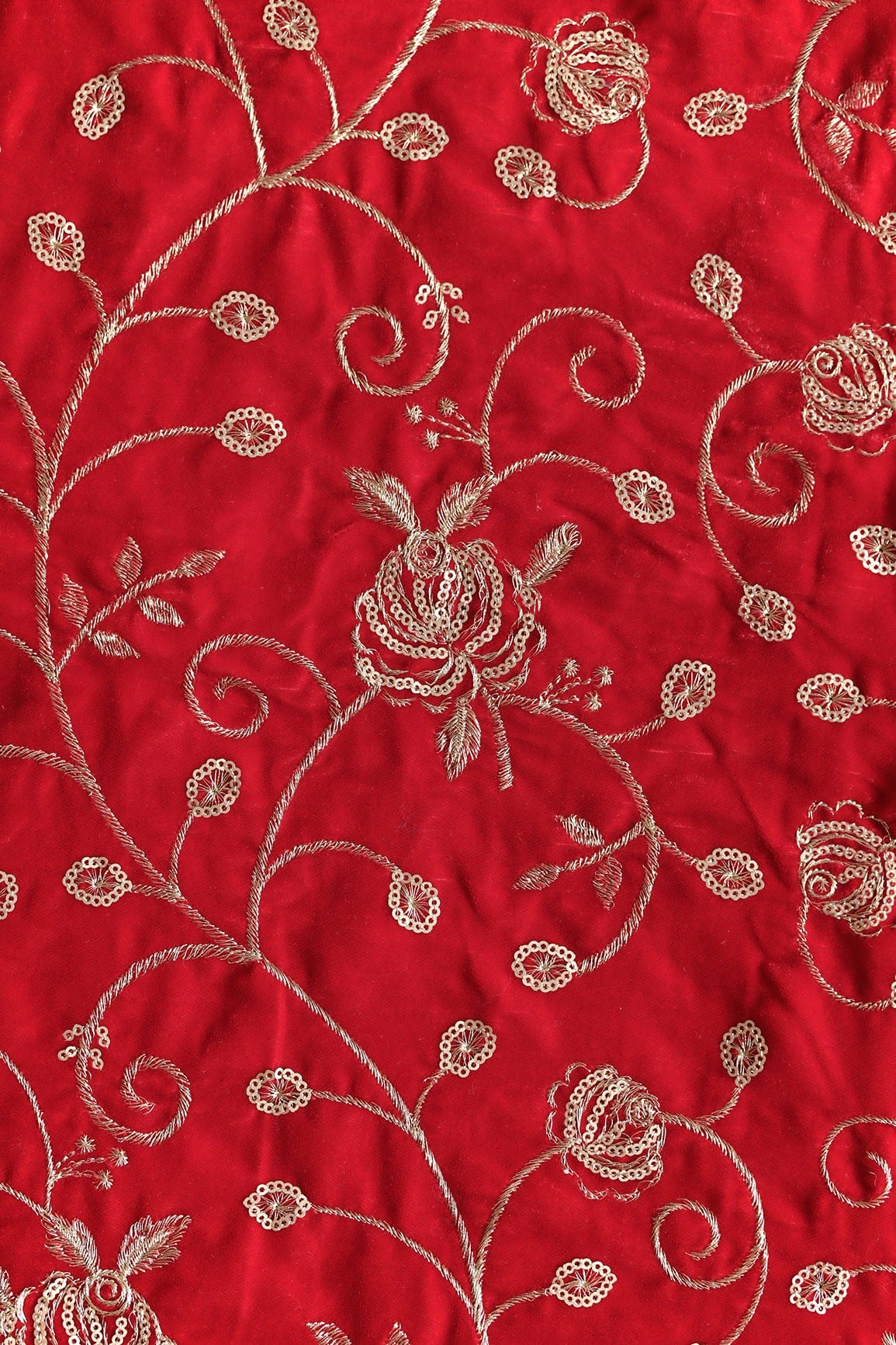 doeraa Embroidery Fabrics Gold Sequins With Gold Zari Beautiful Floral Embroidery On Red Velvet Fabric