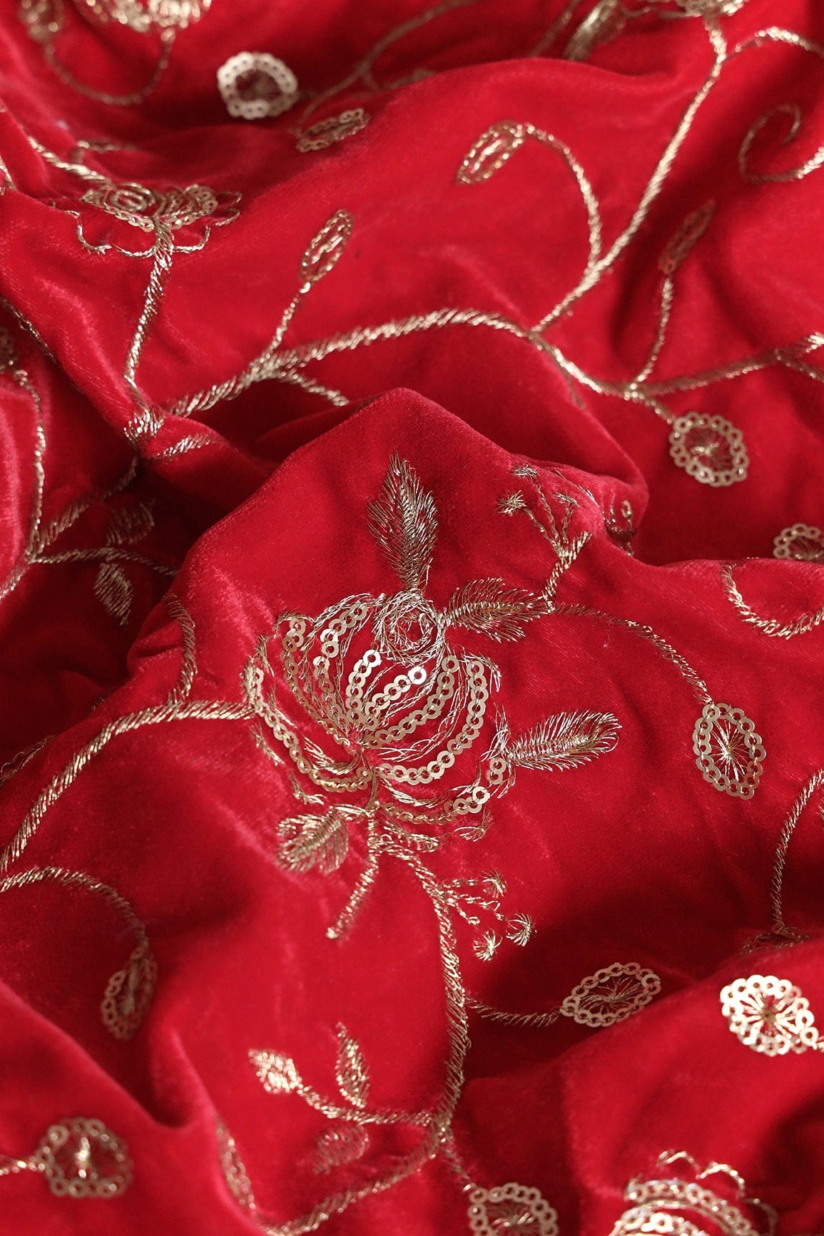 doeraa Embroidery Fabrics Gold Sequins With Gold Zari Beautiful Floral Embroidery On Red Velvet Fabric