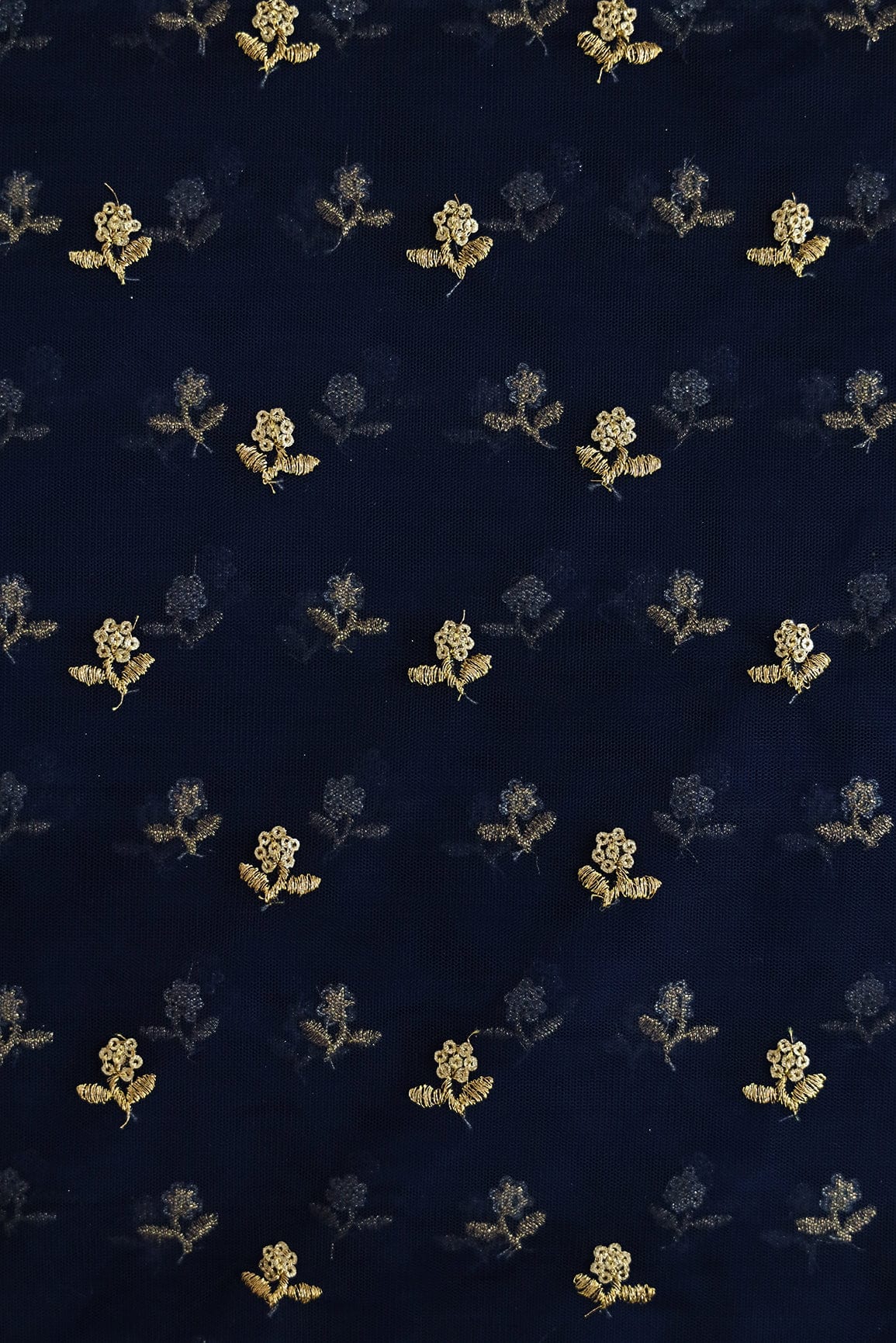 doeraa Embroidery Fabrics Gold Sequins With Gold Zari Floral Booti Embroidery Work On Navy Blue Soft Net Fabric