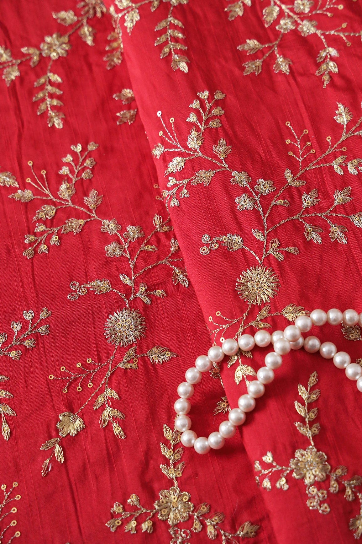doeraa Embroidery Fabrics Gold Sequins With Gold Zari Floral Embroidery Work On Red Raw Silk Fabric