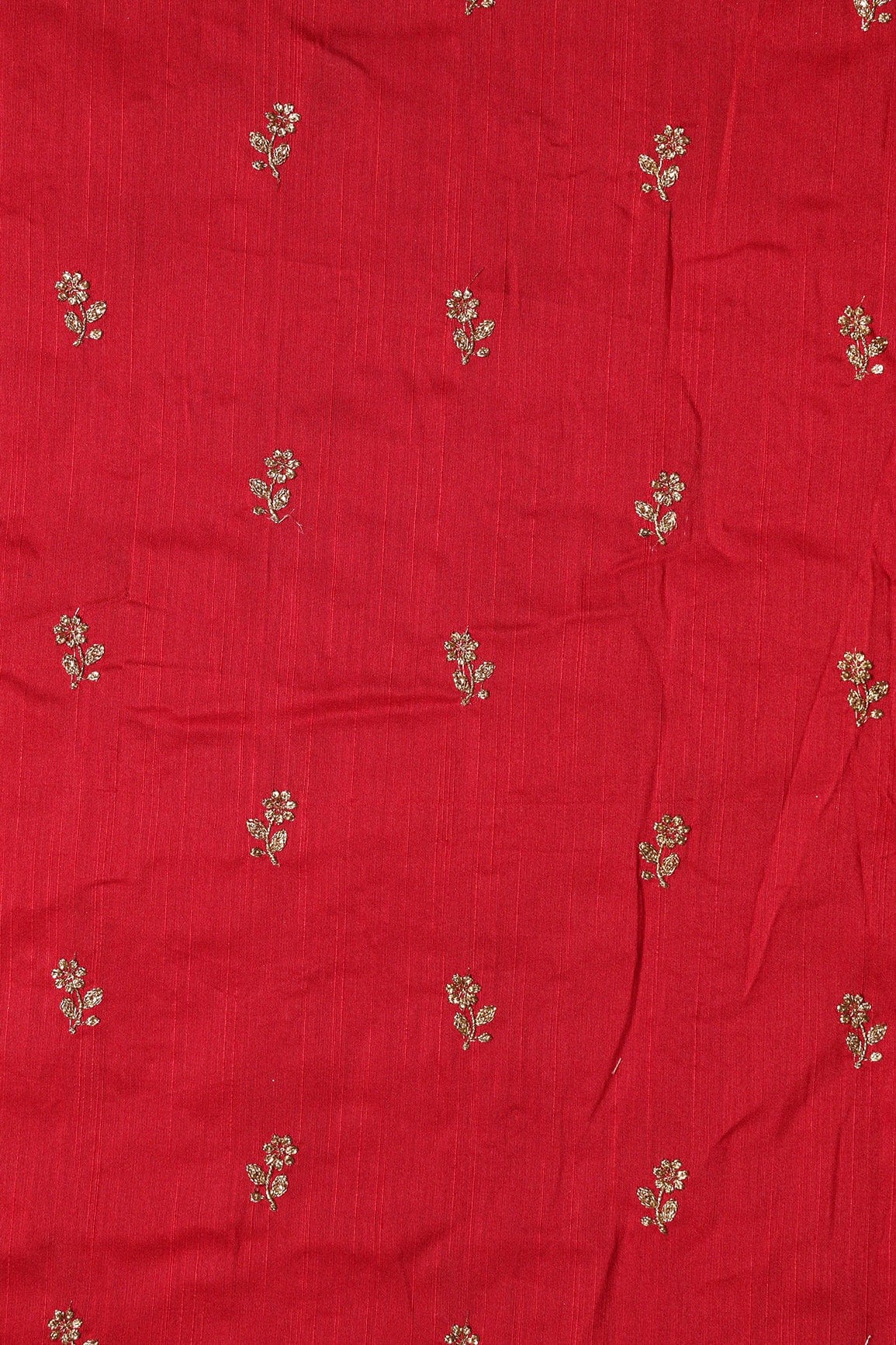 doeraa Embroidery Fabrics Gold Sequins With Gold Zari Small Floral Motif Embroidery Work On Red Raw Silk Fabric