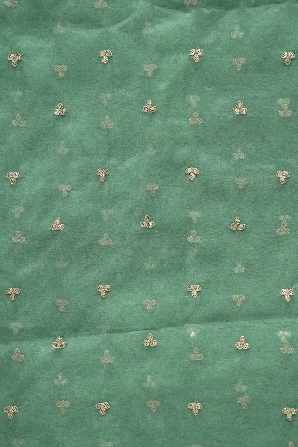 doeraa Embroidery Fabrics Gold Sequins With Gold Zari Small Leafy Motif Embroidery Work On Olive Organza Fabric