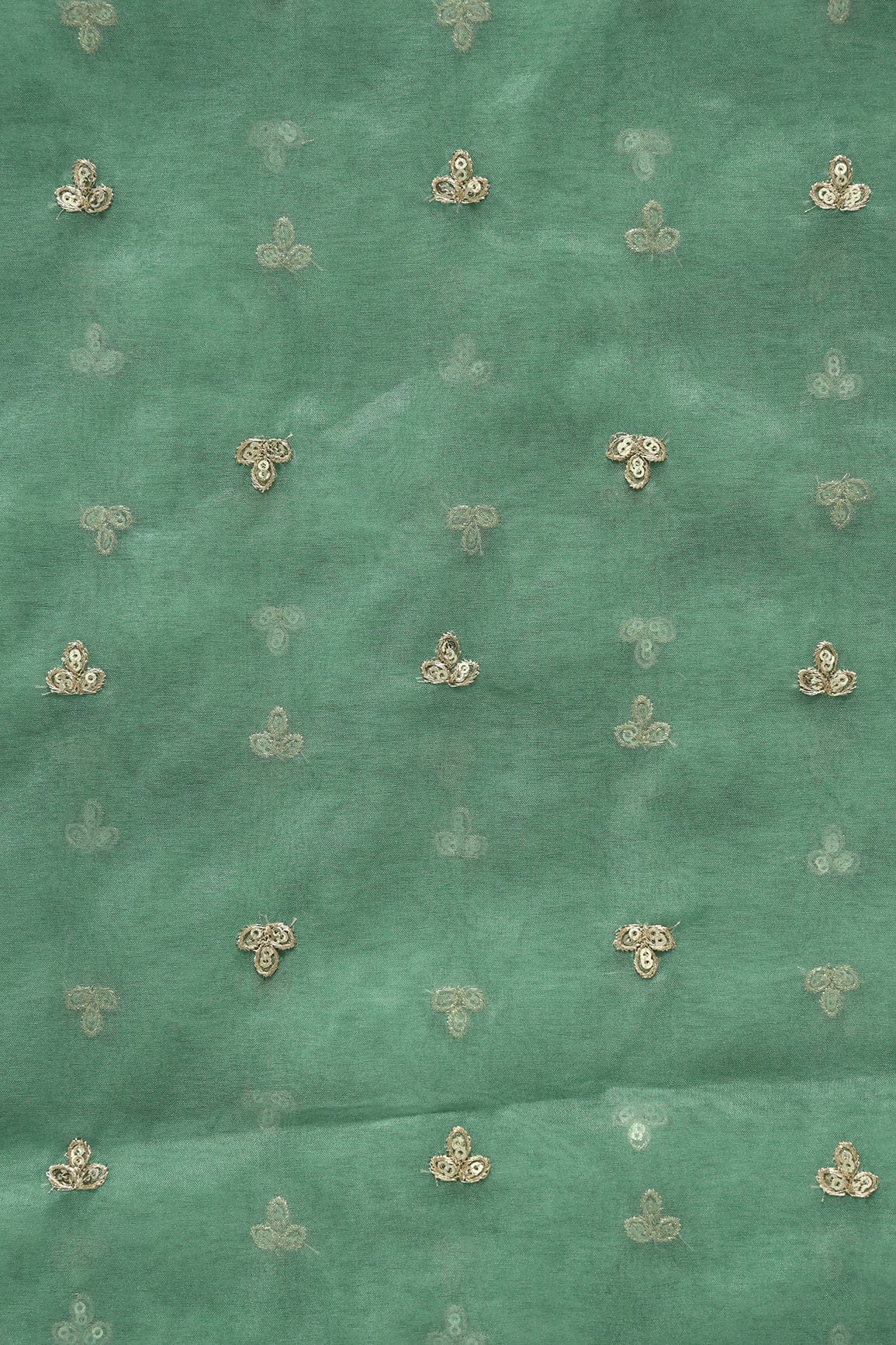 doeraa Embroidery Fabrics Gold Sequins With Gold Zari Small Leafy Motif Embroidery Work On Olive Organza Fabric