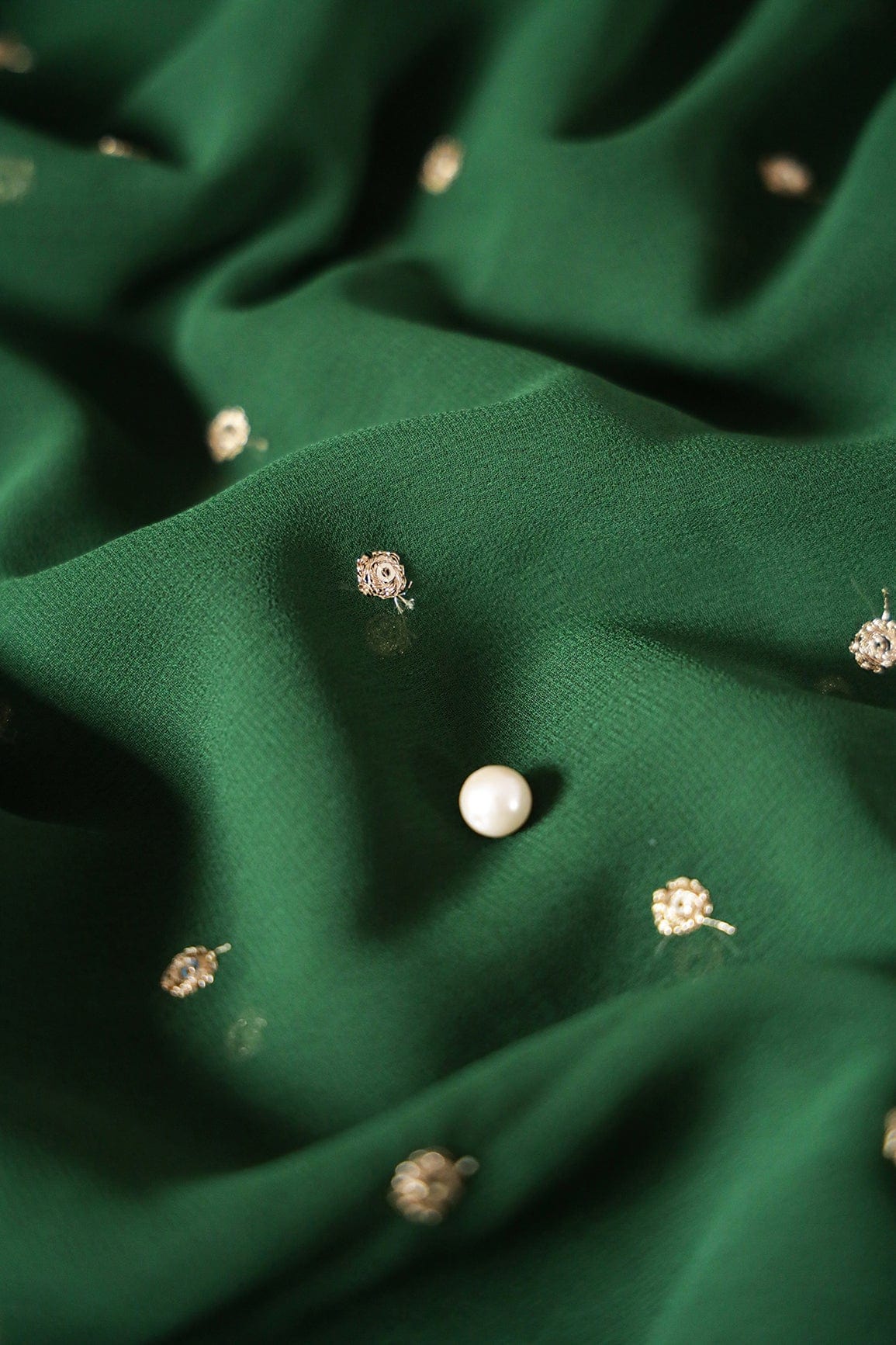 doeraa Embroidery Fabrics Gold Sequins With Gold Zari Small Motif Embroidery Work On Bottle Green Georgette Fabric