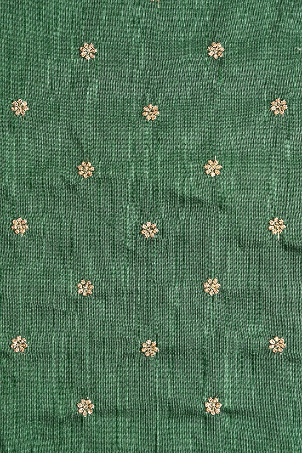 doeraa Embroidery Fabrics Gold Sequins With Gold Zari Small Motif Embroidery Work On Bottle Green Raw Silk Fabric