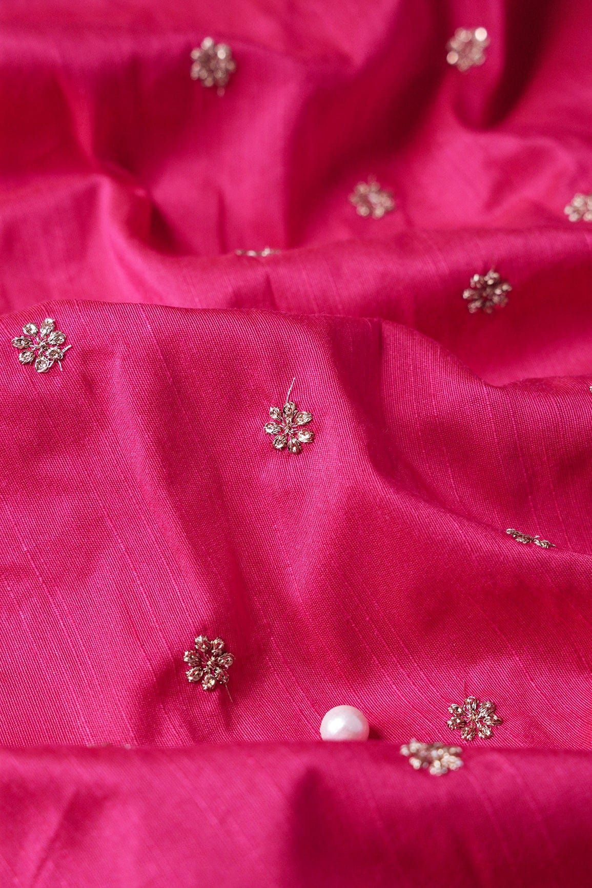 doeraa Embroidery Fabrics Gold Sequins With Gold Zari Small Motif Embroidery Work On Fuchsia Raw Silk Fabric