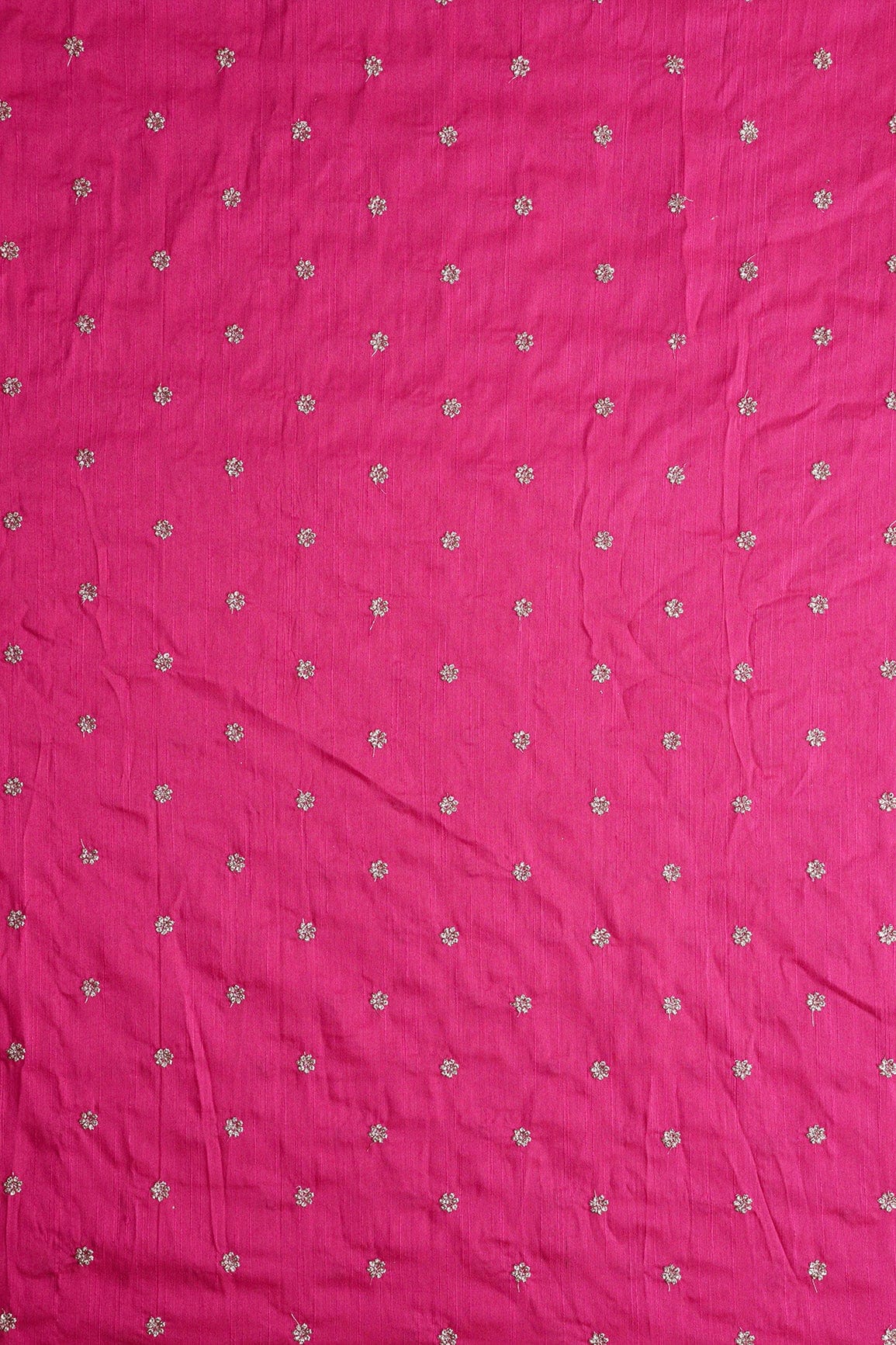 doeraa Embroidery Fabrics Gold Sequins With Gold Zari Small Motif Embroidery Work On Fuchsia Raw Silk Fabric
